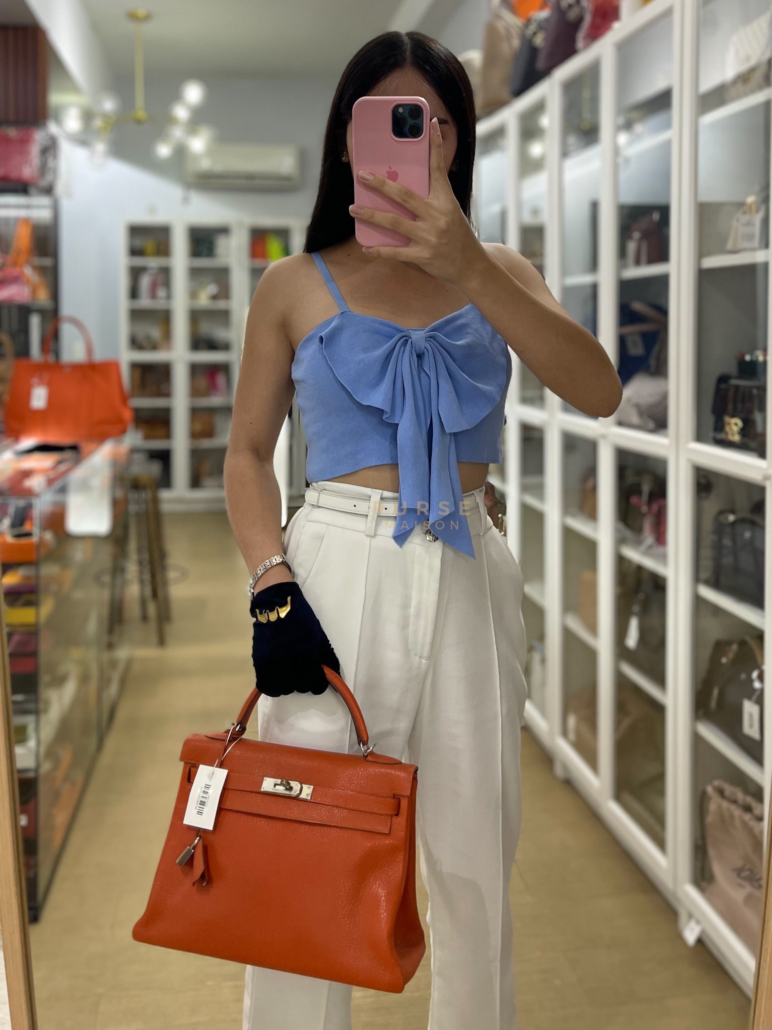 Kelly 32 in Orange Togo Leather Palladium Hardware Stamp M Square(2009) | Purse Maison Luxury Bags Shop