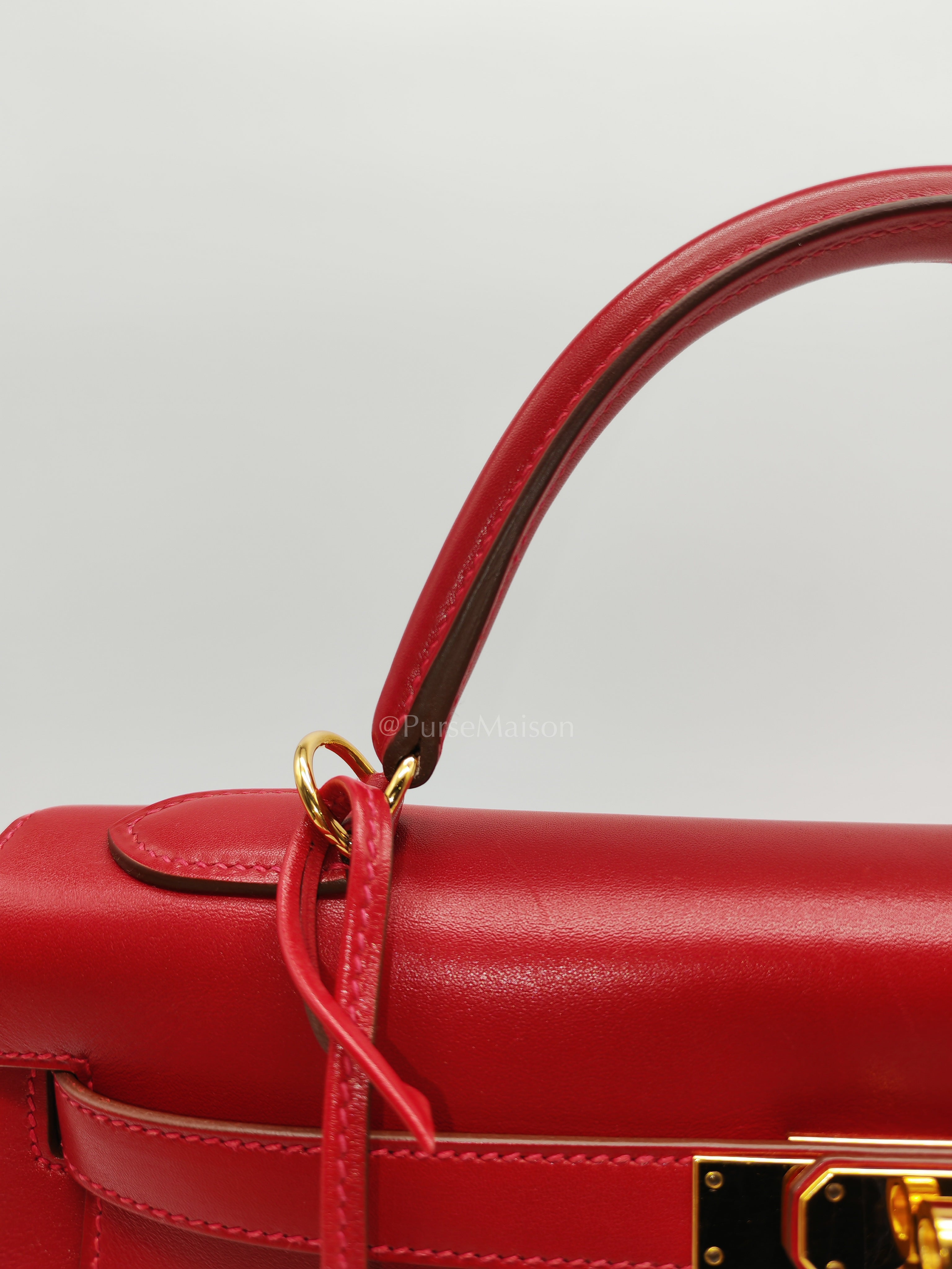 Kelly 32 Retourne in Rouge Vif Tadelakt Leather and Gold Hardware Stamp X (2016) | Purse Maison Luxury Bags Shop