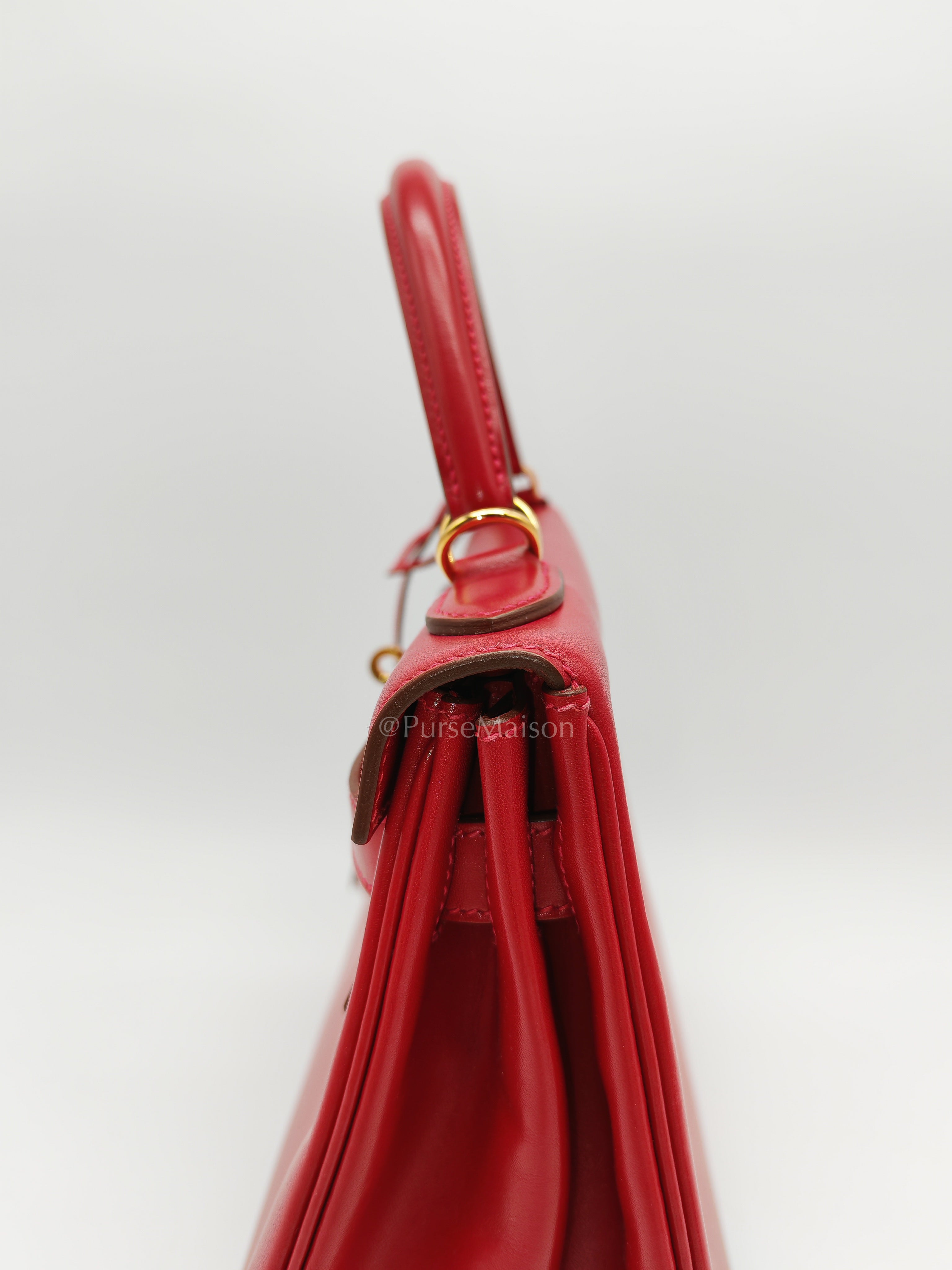 Kelly 32 Retourne in Rouge Vif Tadelakt Leather and Gold Hardware Stamp X (2016) | Purse Maison Luxury Bags Shop