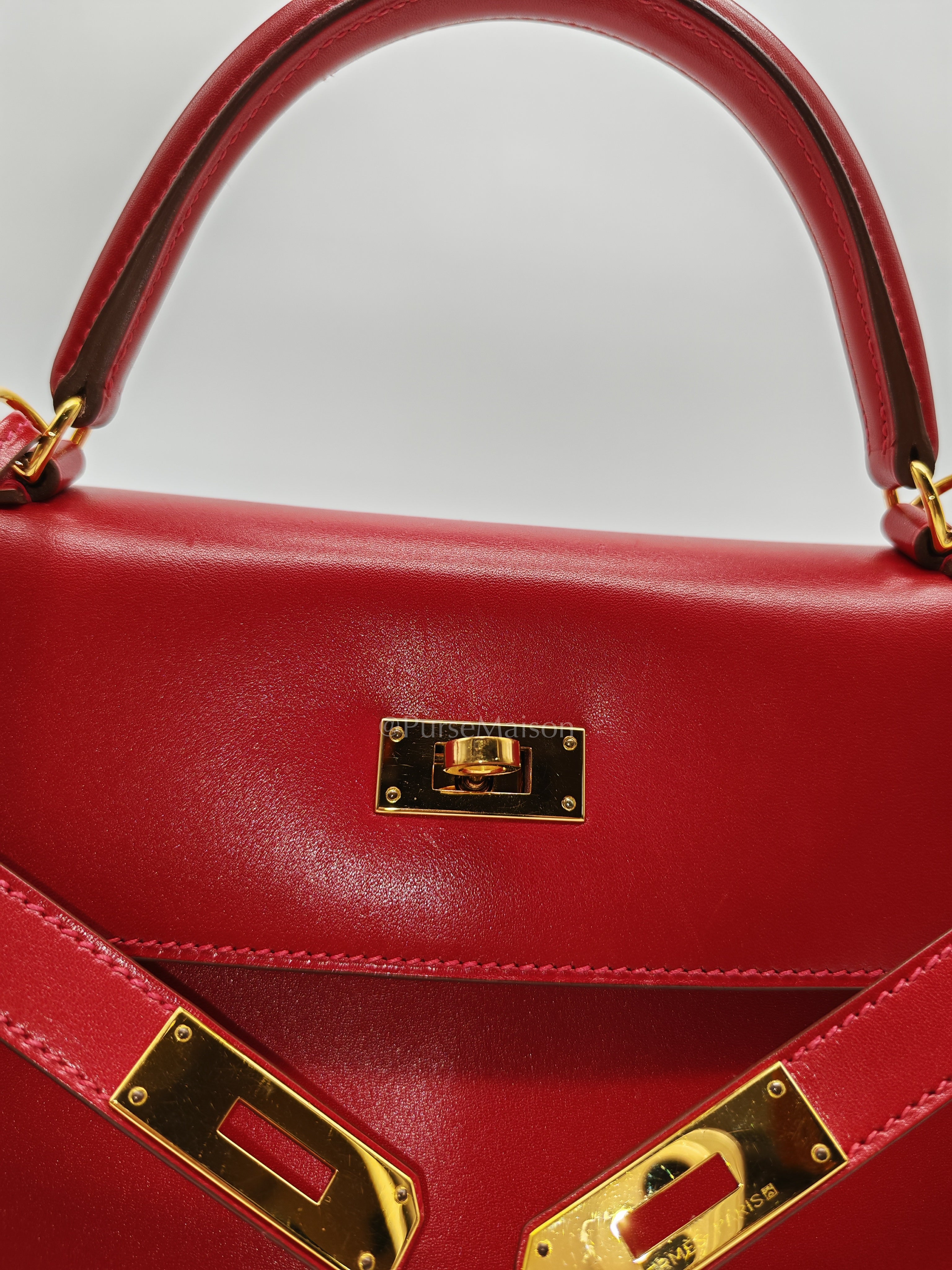 Kelly 32 Retourne in Rouge Vif Tadelakt Leather and Gold Hardware Stamp X (2016) | Purse Maison Luxury Bags Shop