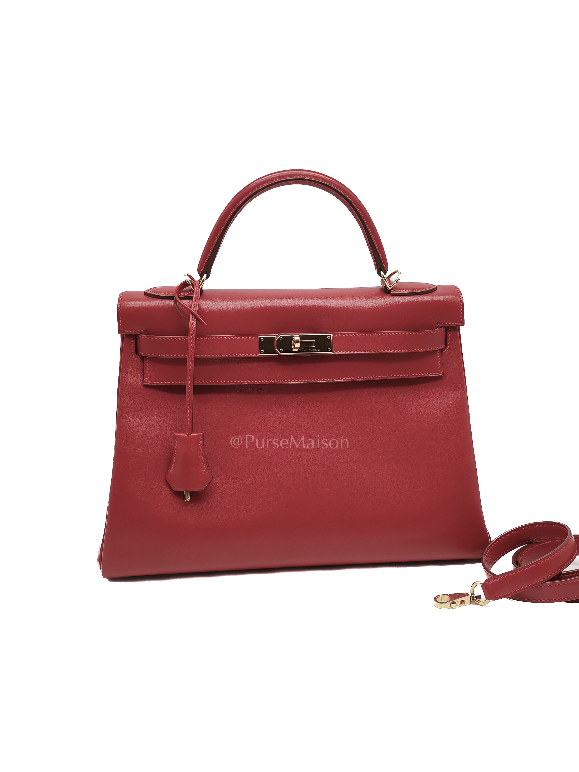 Kelly 32 Retourne in Rouge Vif Tadelakt Leather and Gold Hardware Stamp X (2016) | Purse Maison Luxury Bags Shop
