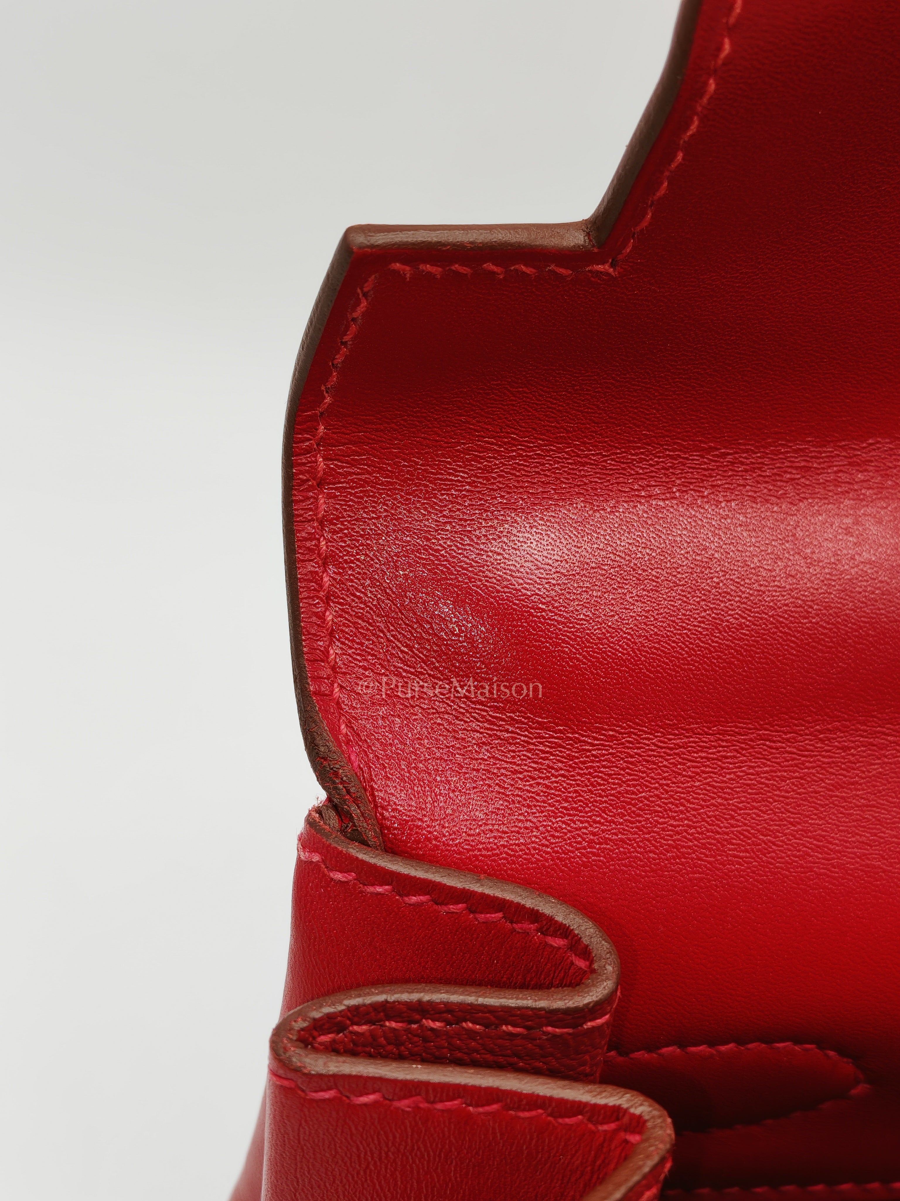 Kelly 32 Retourne in Rouge Vif Tadelakt Leather and Gold Hardware Stamp X (2016) | Purse Maison Luxury Bags Shop