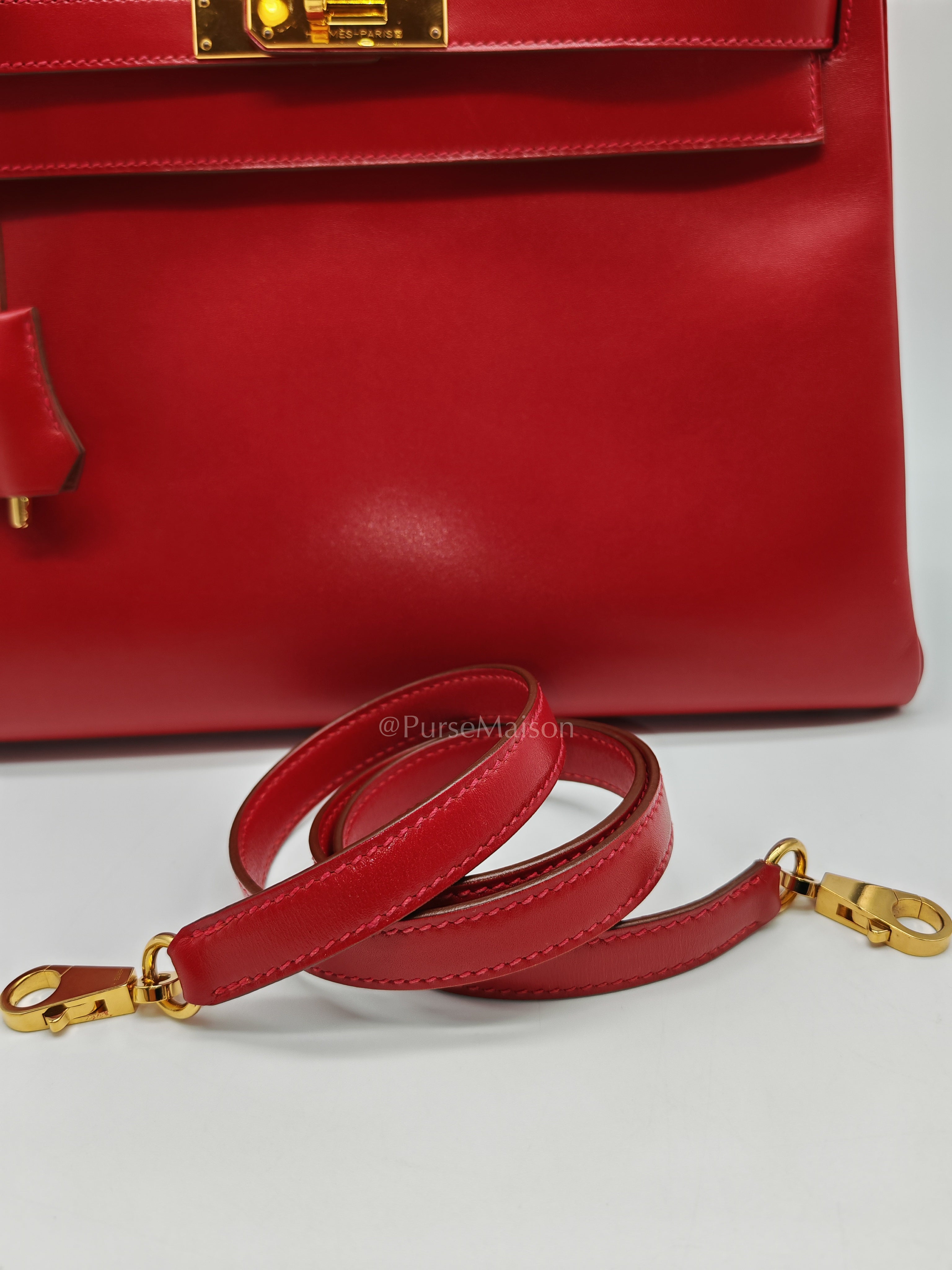 Kelly 32 Retourne in Rouge Vif Tadelakt Leather and Gold Hardware Stamp X (2016) | Purse Maison Luxury Bags Shop