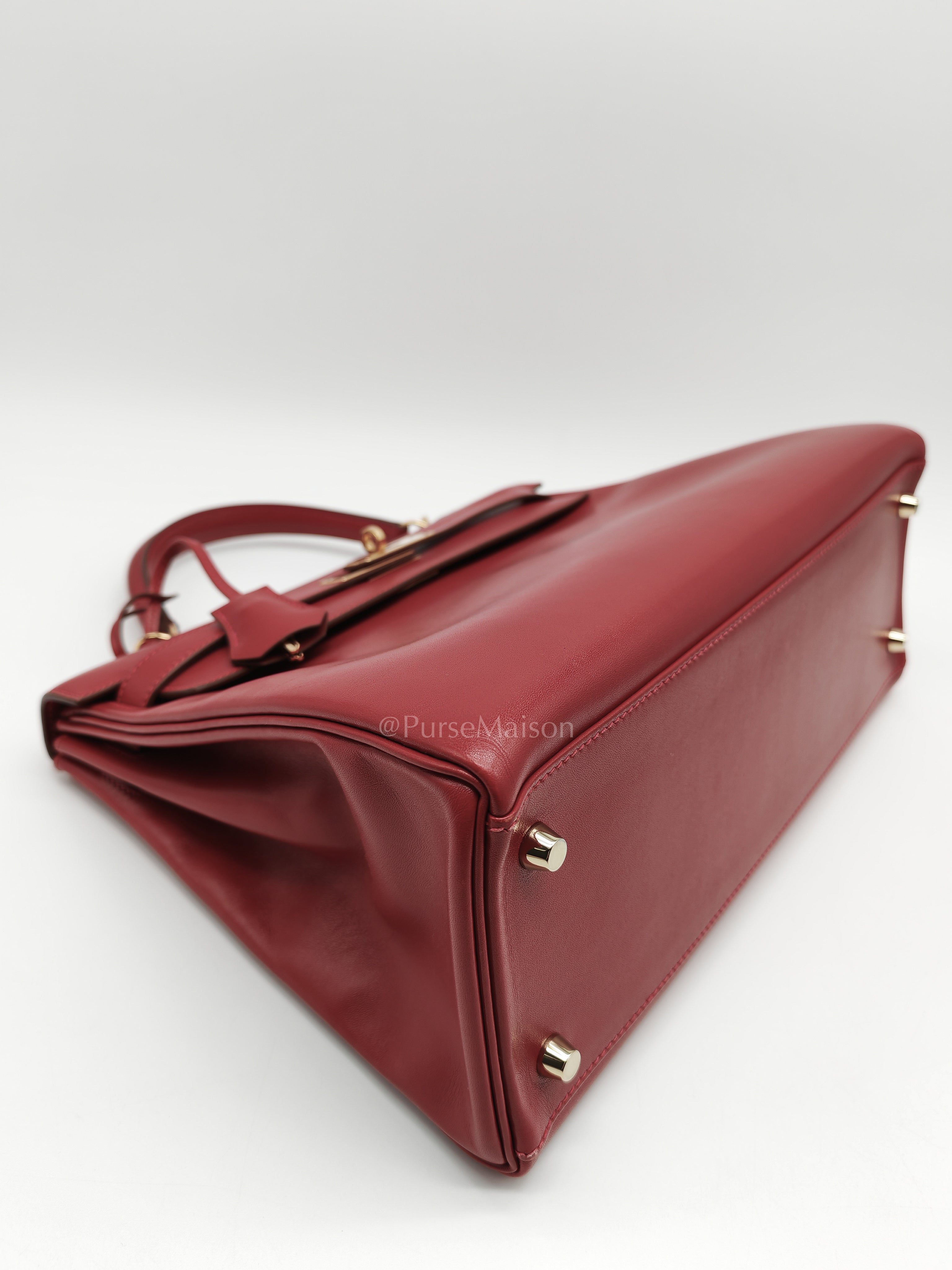 Kelly 32 Retourne in Rouge Vif Tadelakt Leather and Gold Hardware Stamp X (2016) | Purse Maison Luxury Bags Shop