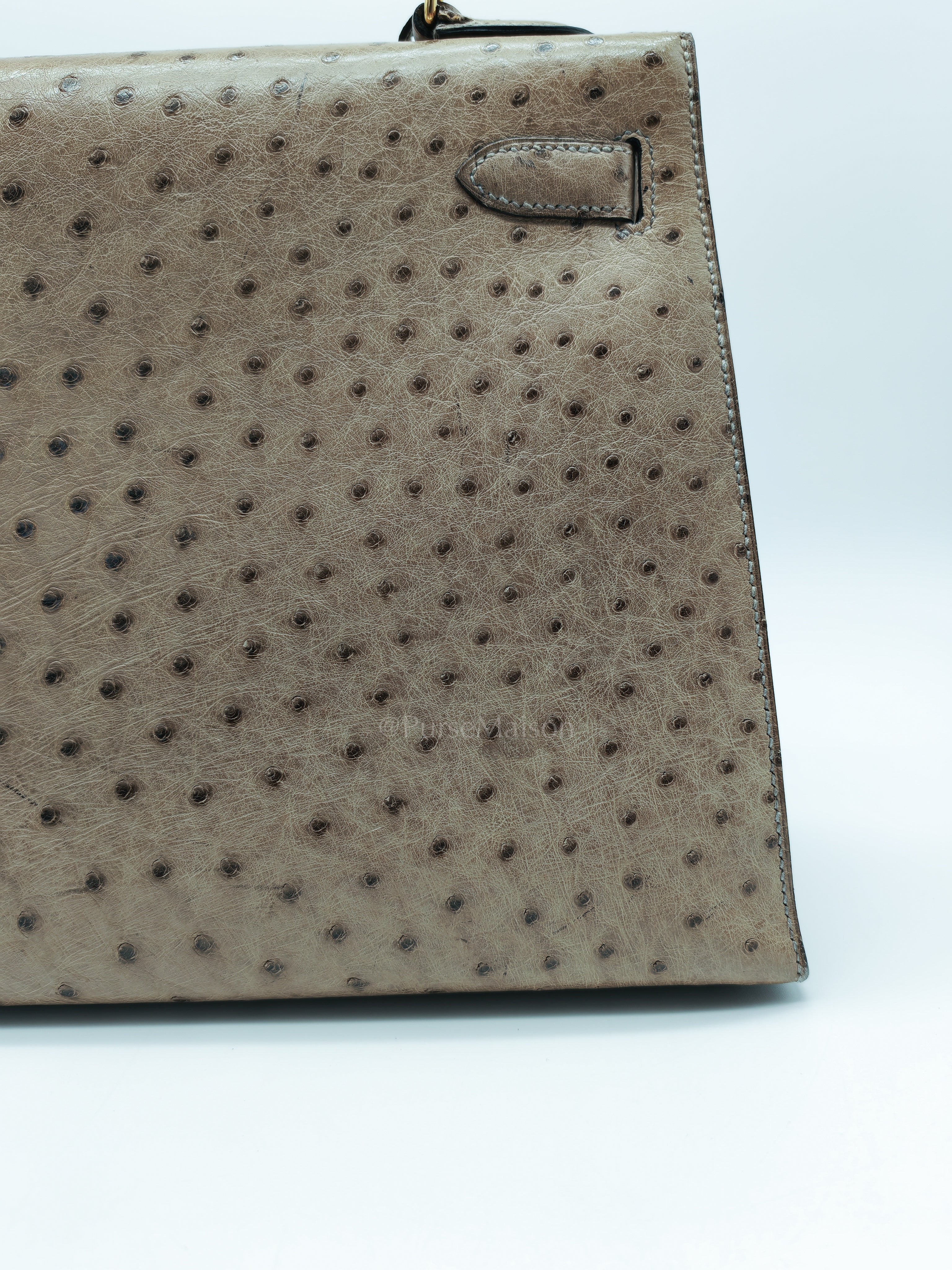 Kelly 32 Sellier in Mousse Ostrich Leather & Gold Hardware Stamp Circle V (1992) | Purse Maison Luxury Bags Shop
