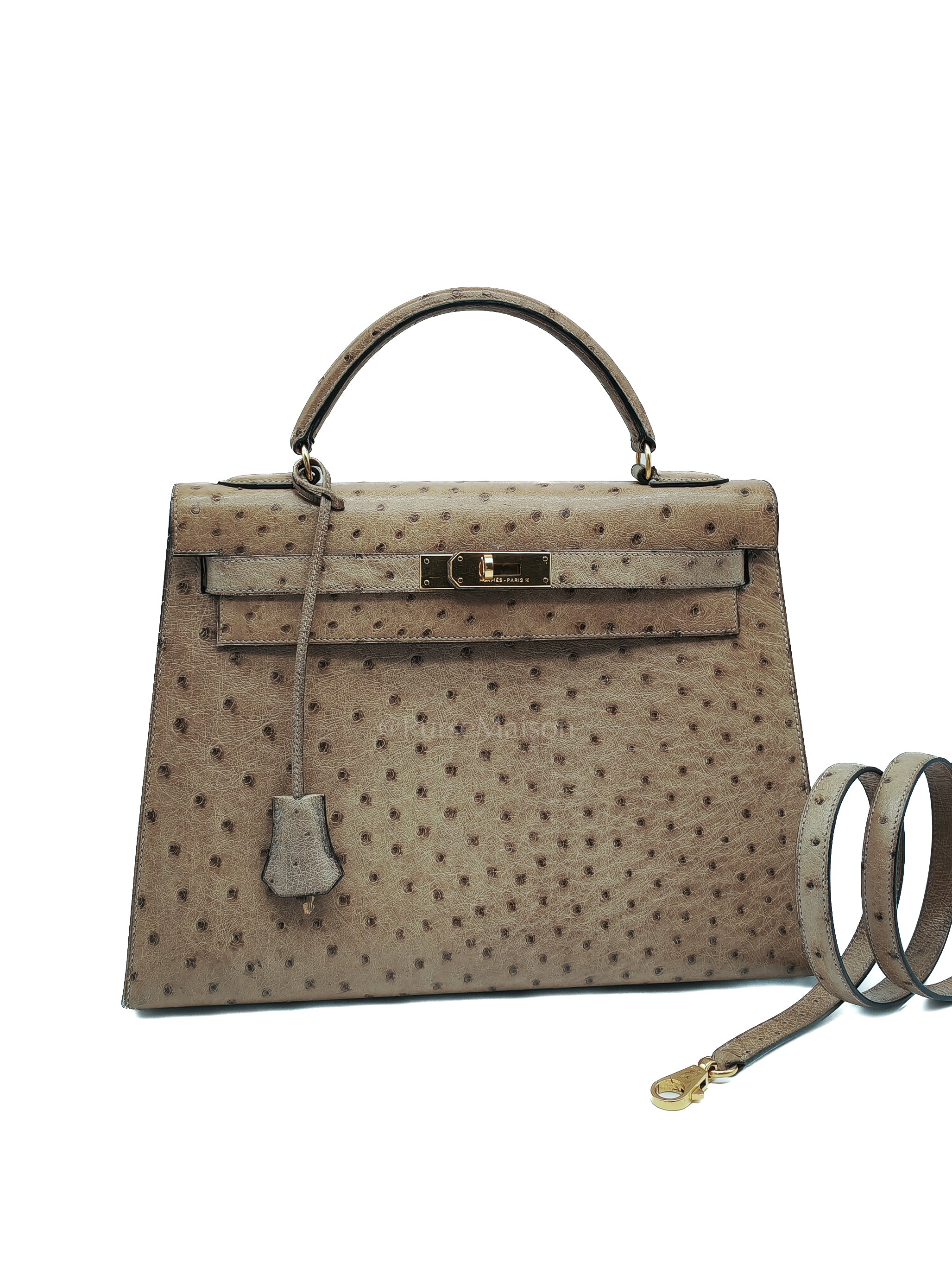 Kelly 32 Sellier in Mousse Ostrich Leather & Gold Hardware Stamp Circle V (1992) | Purse Maison Luxury Bags Shop
