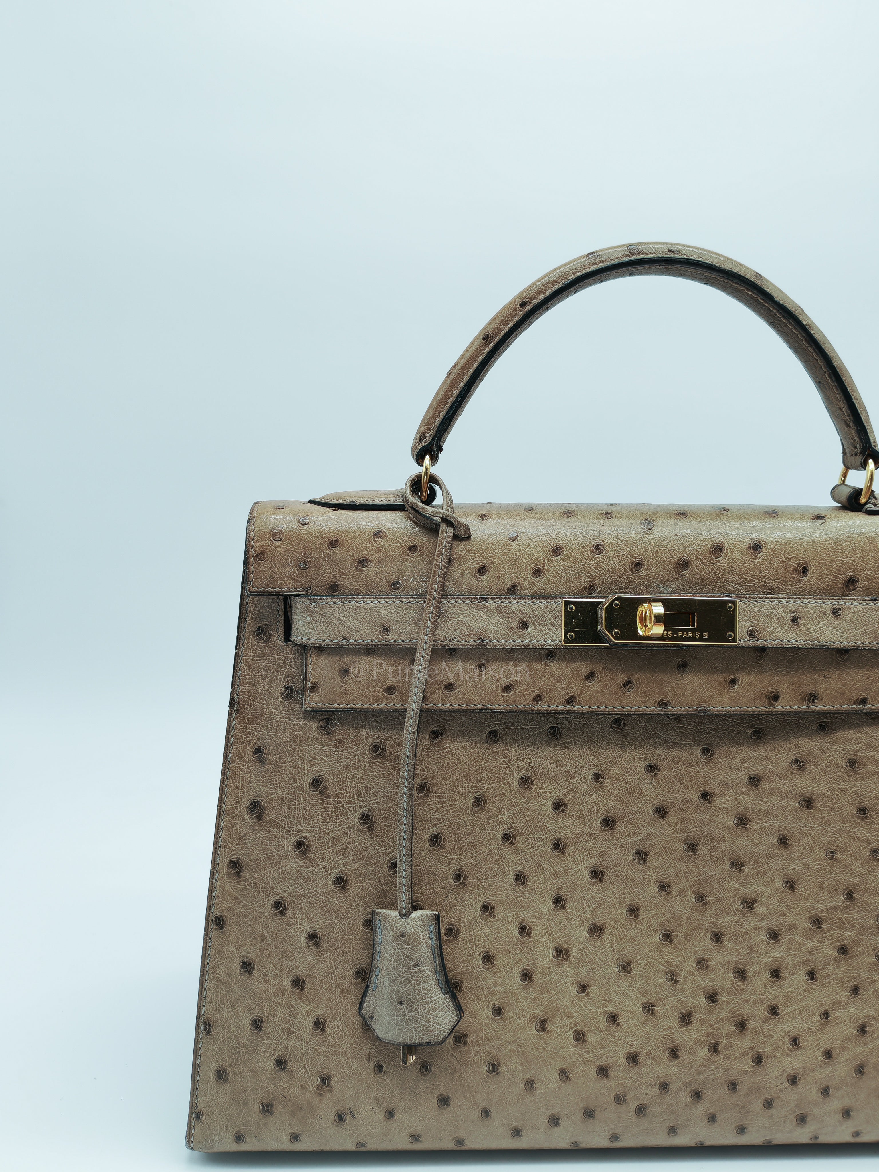 Kelly 32 Sellier in Mousse Ostrich Leather & Gold Hardware Stamp Circle V (1992) | Purse Maison Luxury Bags Shop