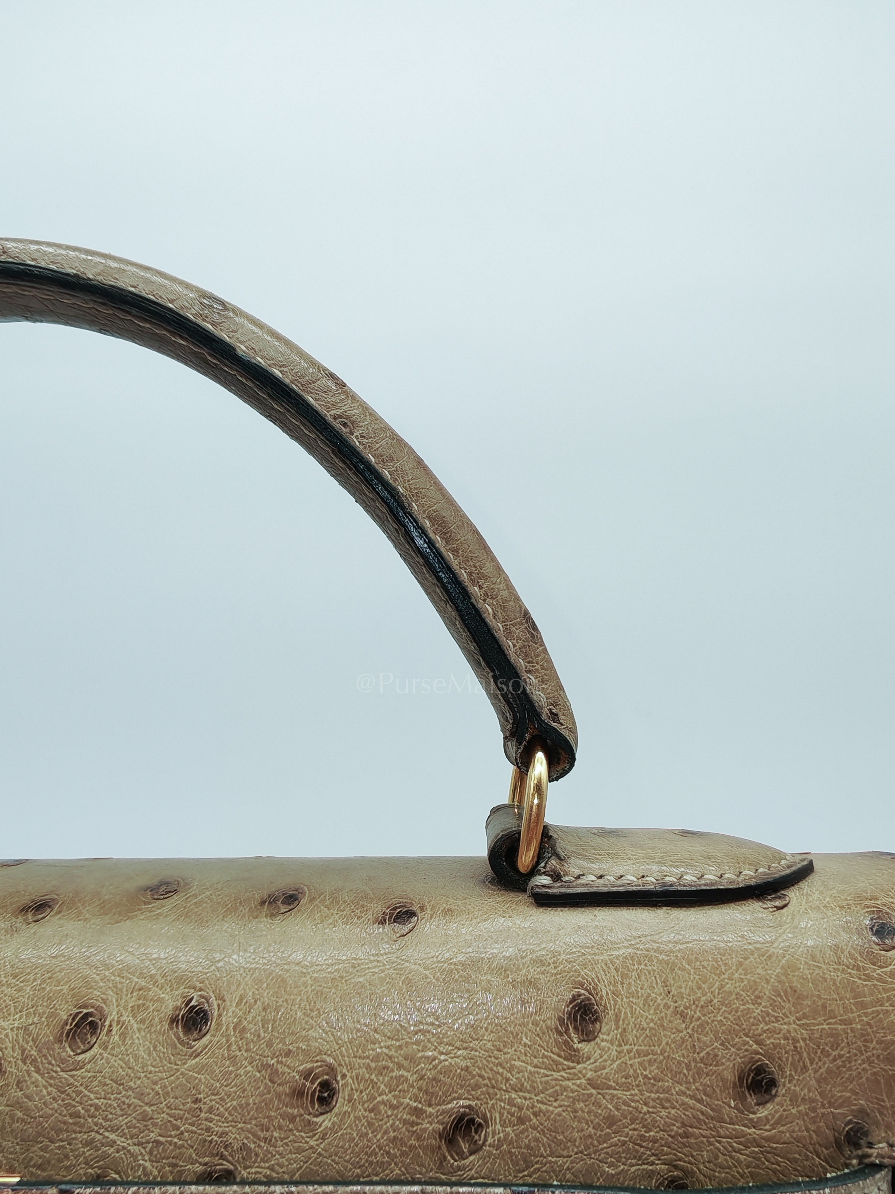 Kelly 32 Sellier in Mousse Ostrich Leather & Gold Hardware Stamp Circle V (1992) | Purse Maison Luxury Bags Shop