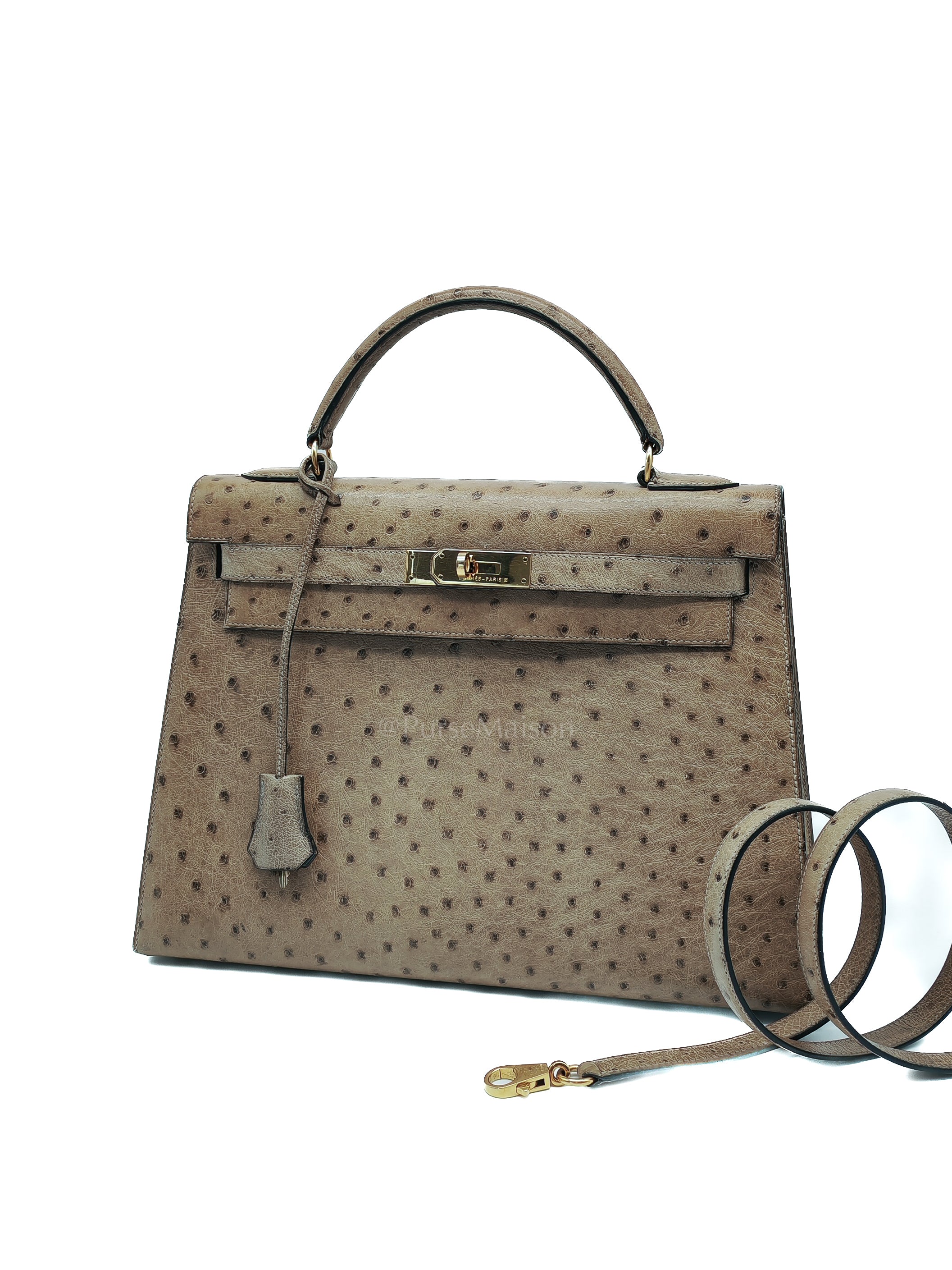 Kelly 32 Sellier in Mousse Ostrich Leather & Gold Hardware Stamp Circle V (1992) | Purse Maison Luxury Bags Shop