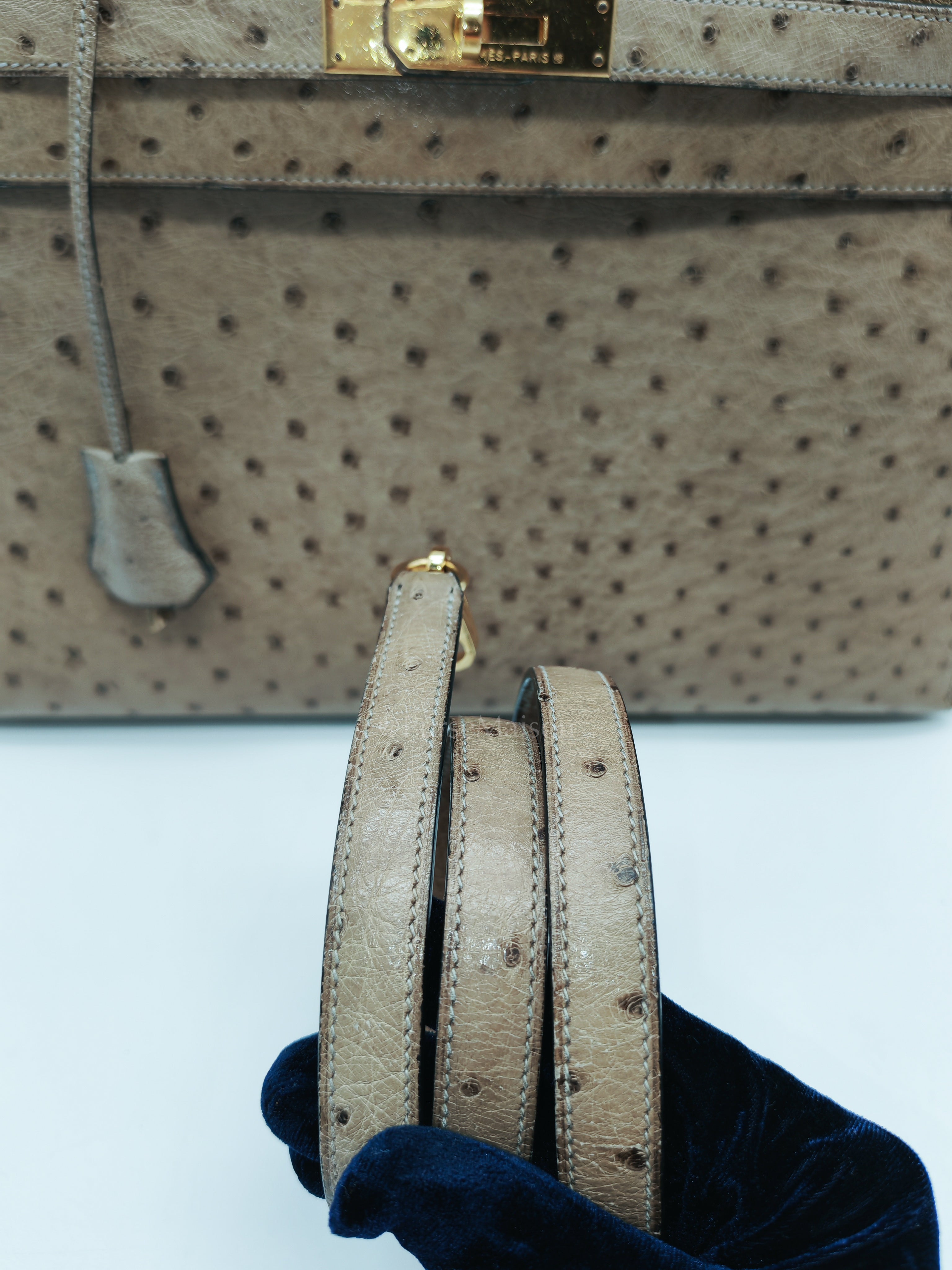 Kelly 32 Sellier in Mousse Ostrich Leather & Gold Hardware Stamp Circle V (1992) | Purse Maison Luxury Bags Shop