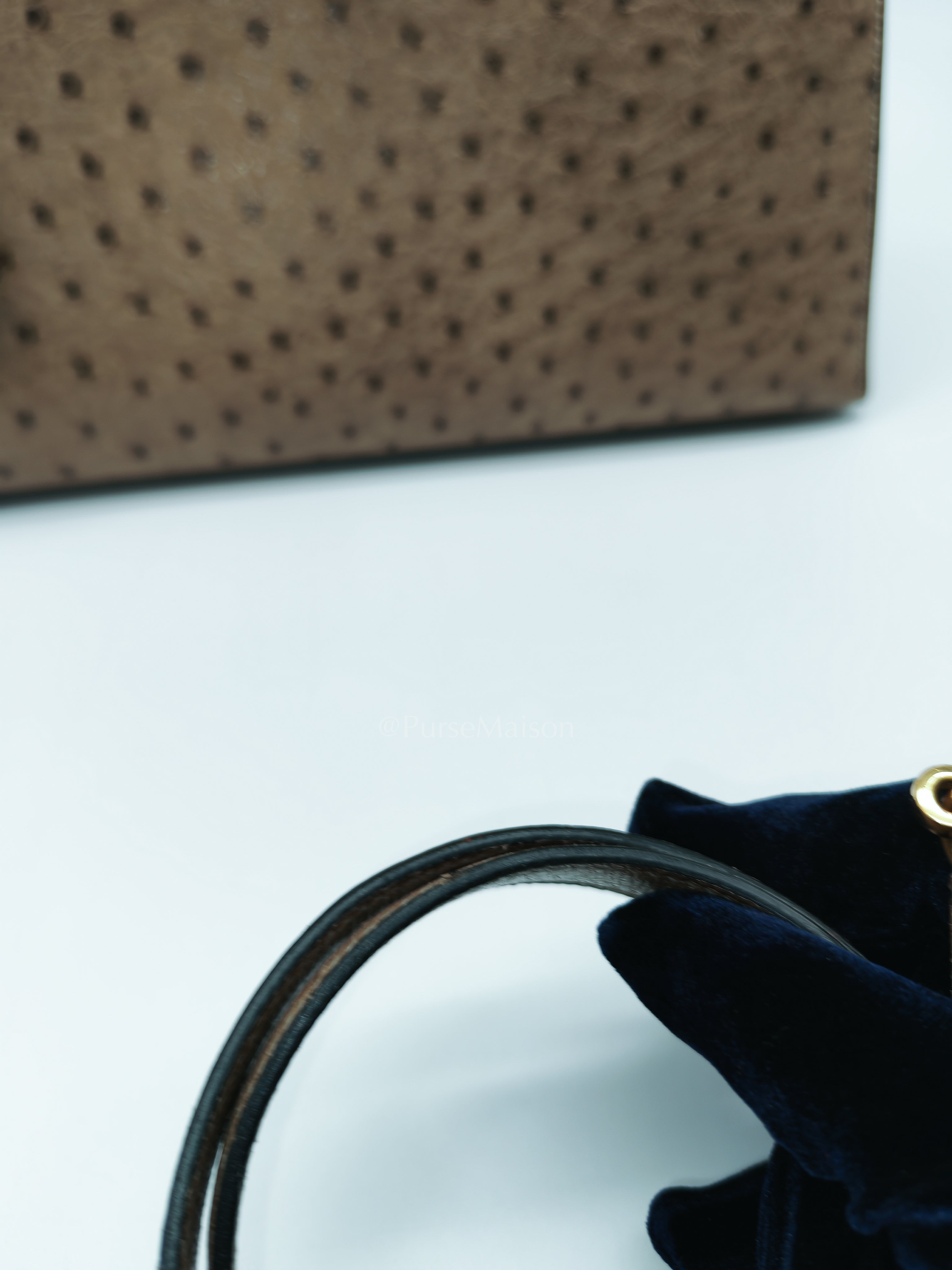 Kelly 32 Sellier in Mousse Ostrich Leather & Gold Hardware Stamp Circle V (1992) | Purse Maison Luxury Bags Shop