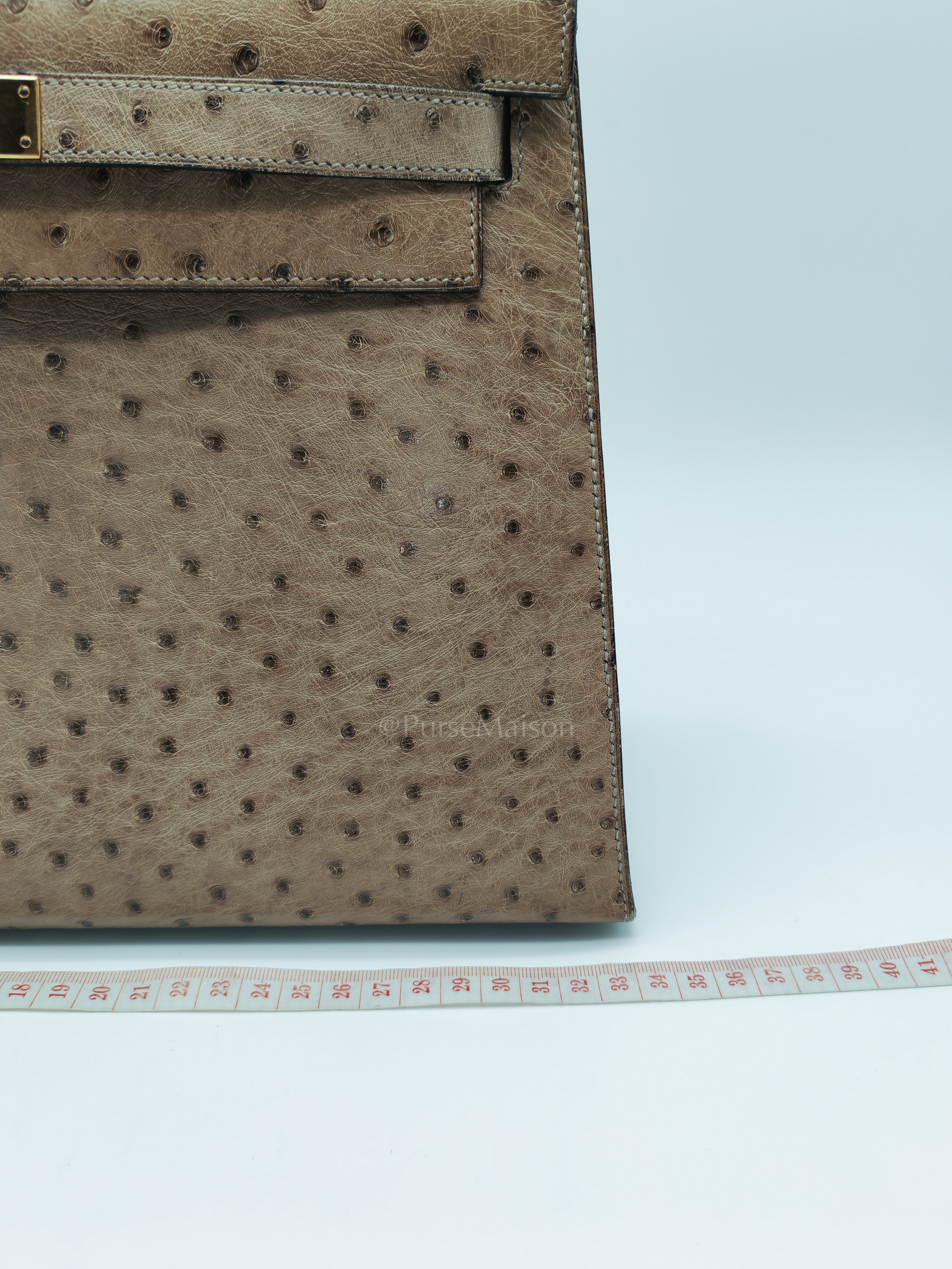 Kelly 32 Sellier in Mousse Ostrich Leather & Gold Hardware Stamp Circle V (1992) | Purse Maison Luxury Bags Shop