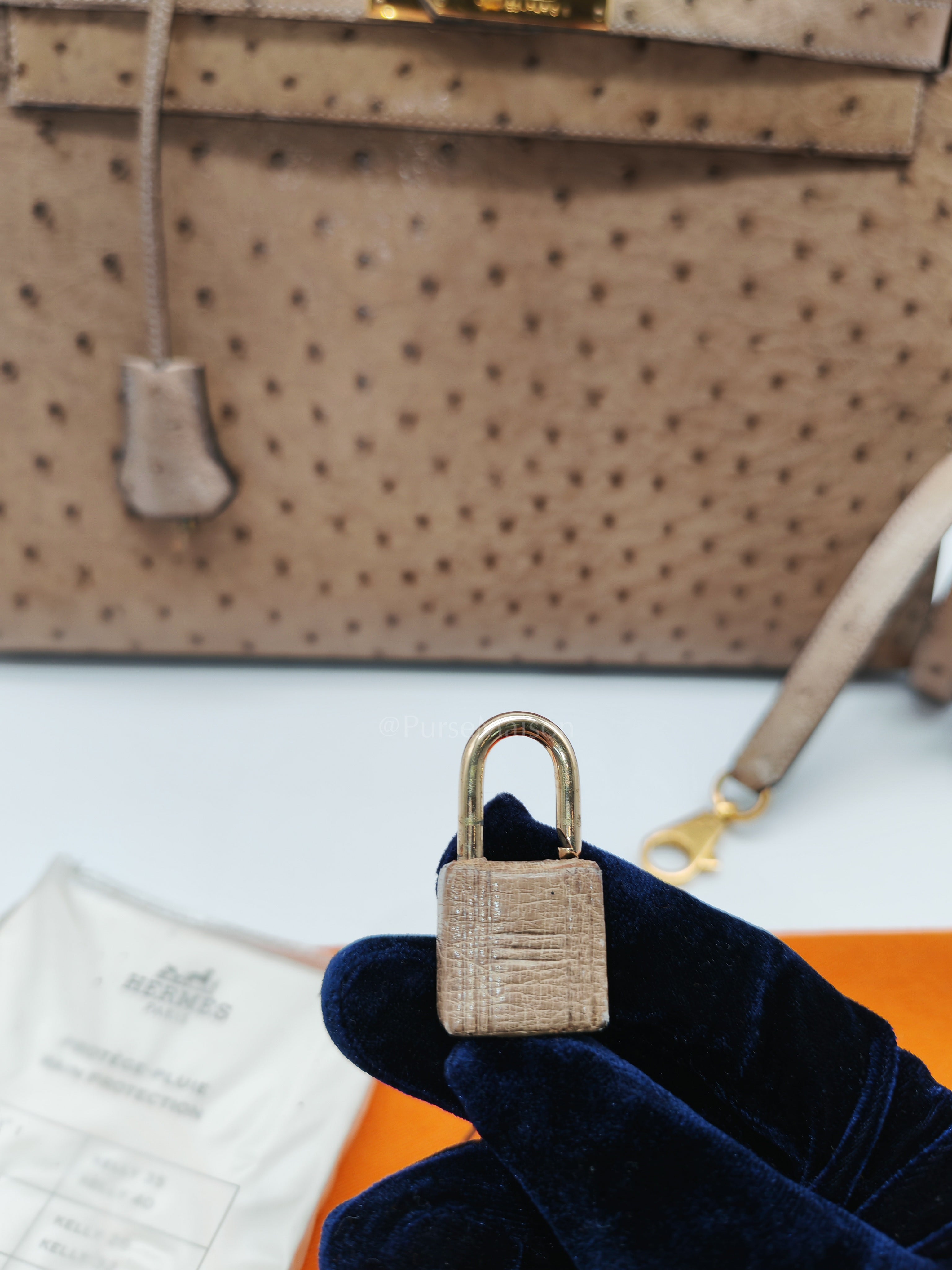 Kelly 32 Sellier in Mousse Ostrich Leather & Gold Hardware Stamp Circle V (1992) | Purse Maison Luxury Bags Shop