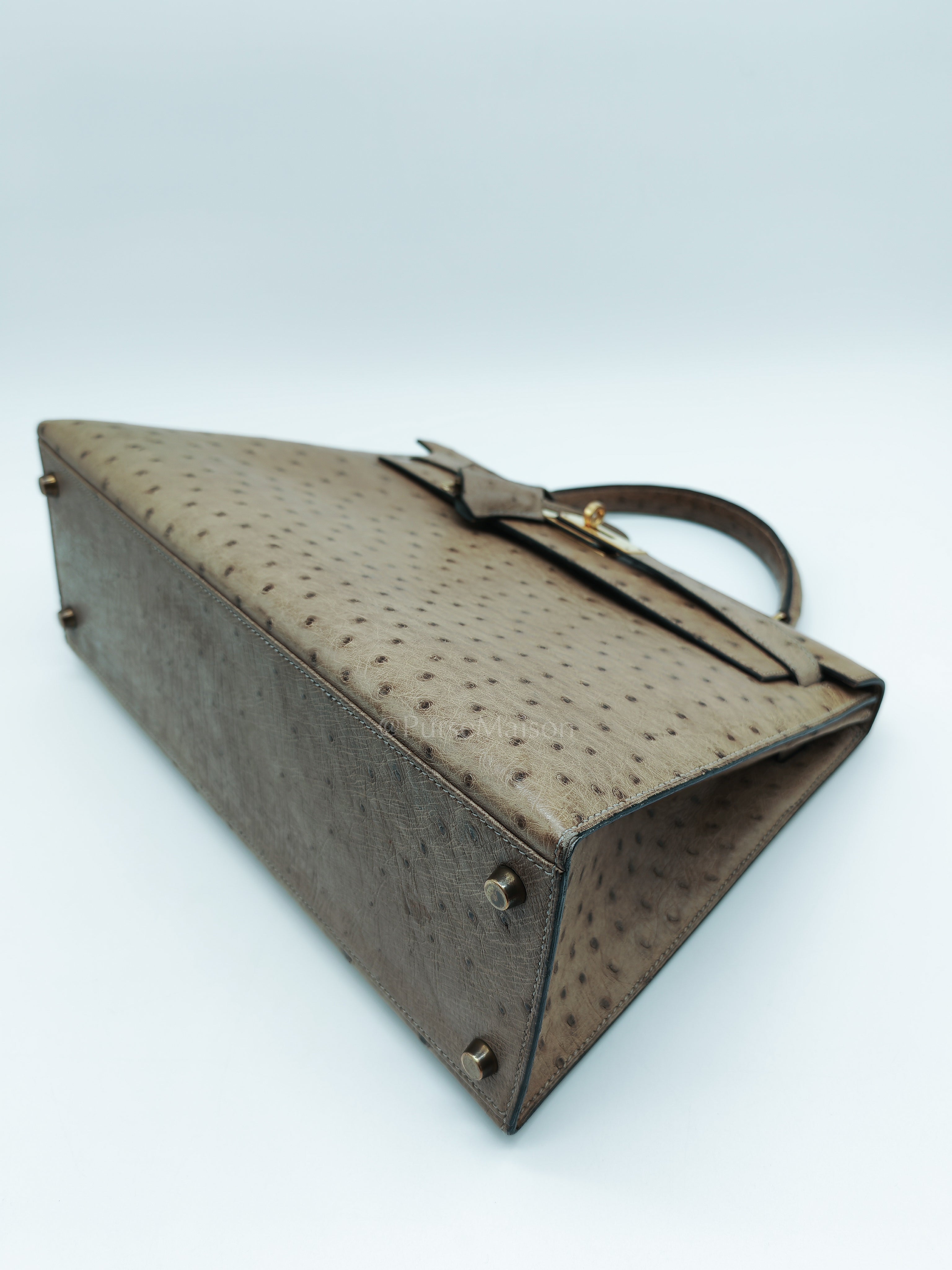 Kelly 32 Sellier in Mousse Ostrich Leather & Gold Hardware Stamp Circle V (1992) | Purse Maison Luxury Bags Shop