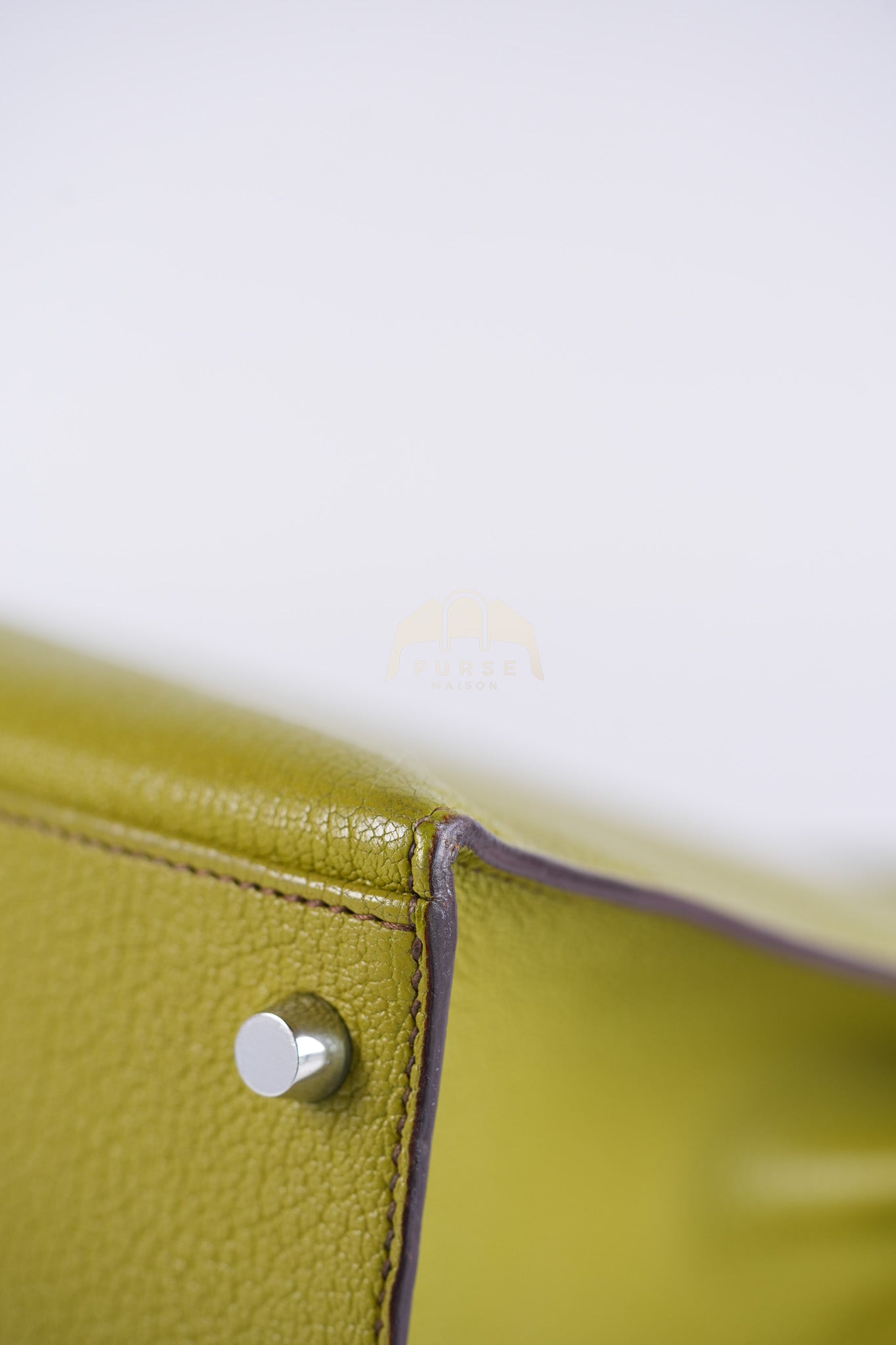 Kelly 32 Sellier Vert Anis Chevre Mysore in Palladium Hardware Stamp K Square (2007) | Purse Maison Luxury Bags Shop