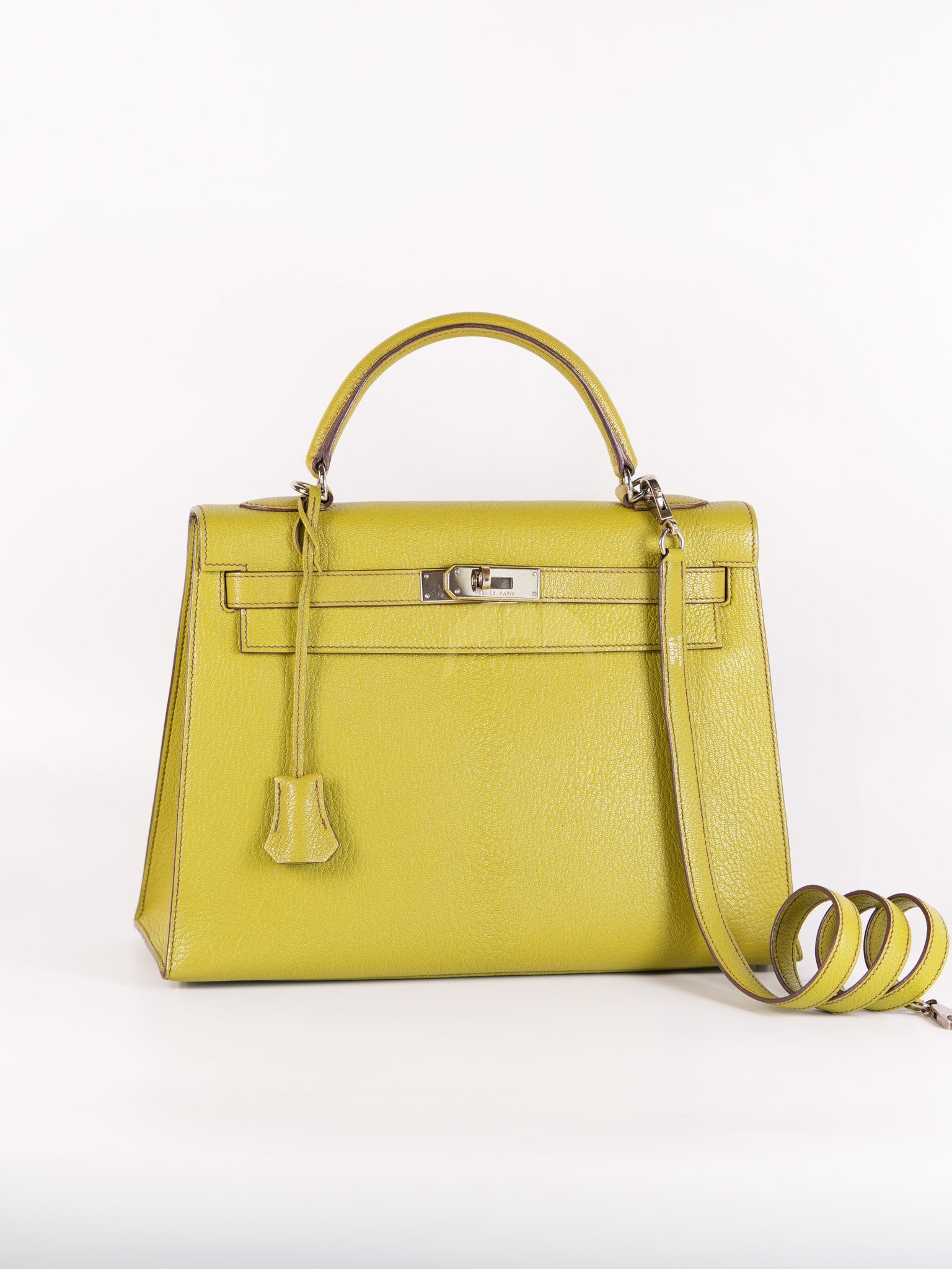 Kelly 32 Sellier Vert Anis Chevre Mysore in Palladium Hardware Stamp K Square (2007) | Purse Maison Luxury Bags Shop