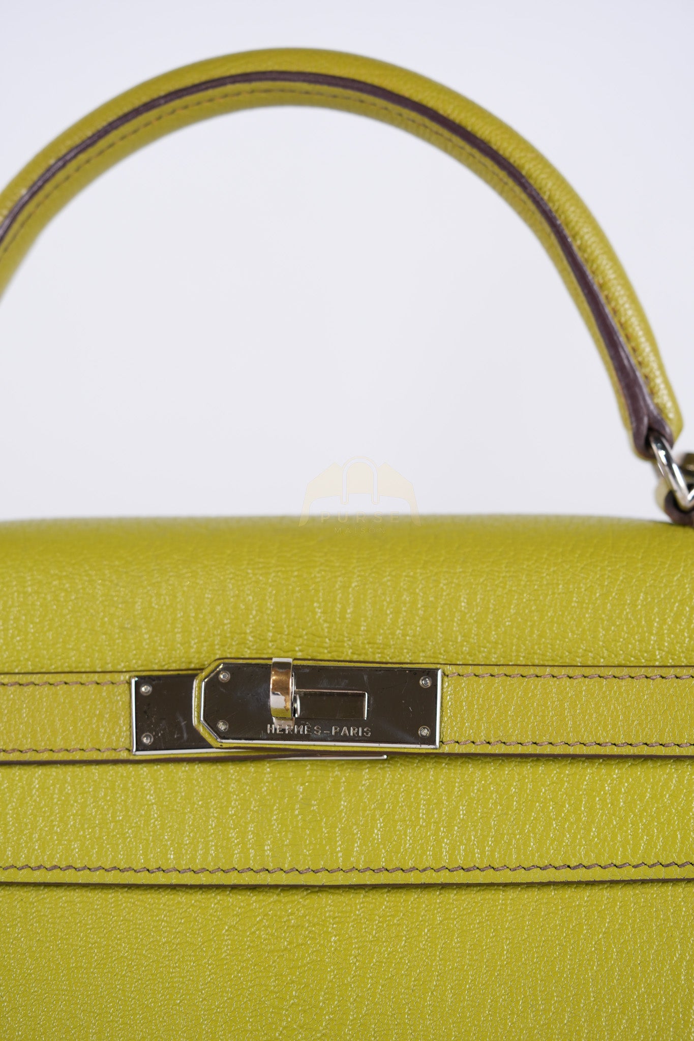 Kelly 32 Sellier Vert Anis Chevre Mysore in Palladium Hardware Stamp K Square (2007) | Purse Maison Luxury Bags Shop