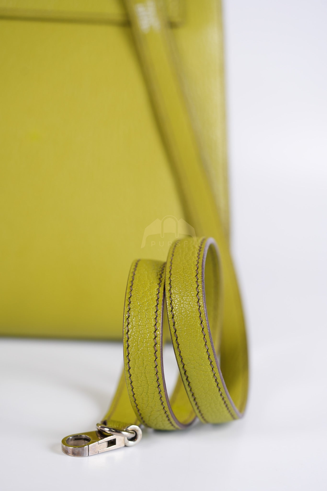 Kelly 32 Sellier Vert Anis Chevre Mysore in Palladium Hardware Stamp K Square (2007) | Purse Maison Luxury Bags Shop