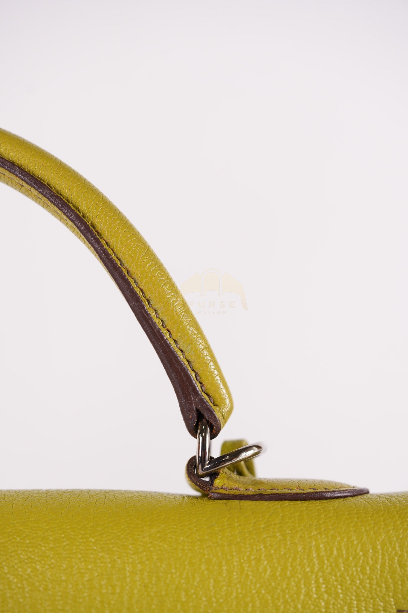 Kelly 32 Sellier Vert Anis Chevre Mysore in Palladium Hardware Stamp K Square (2007) | Purse Maison Luxury Bags Shop