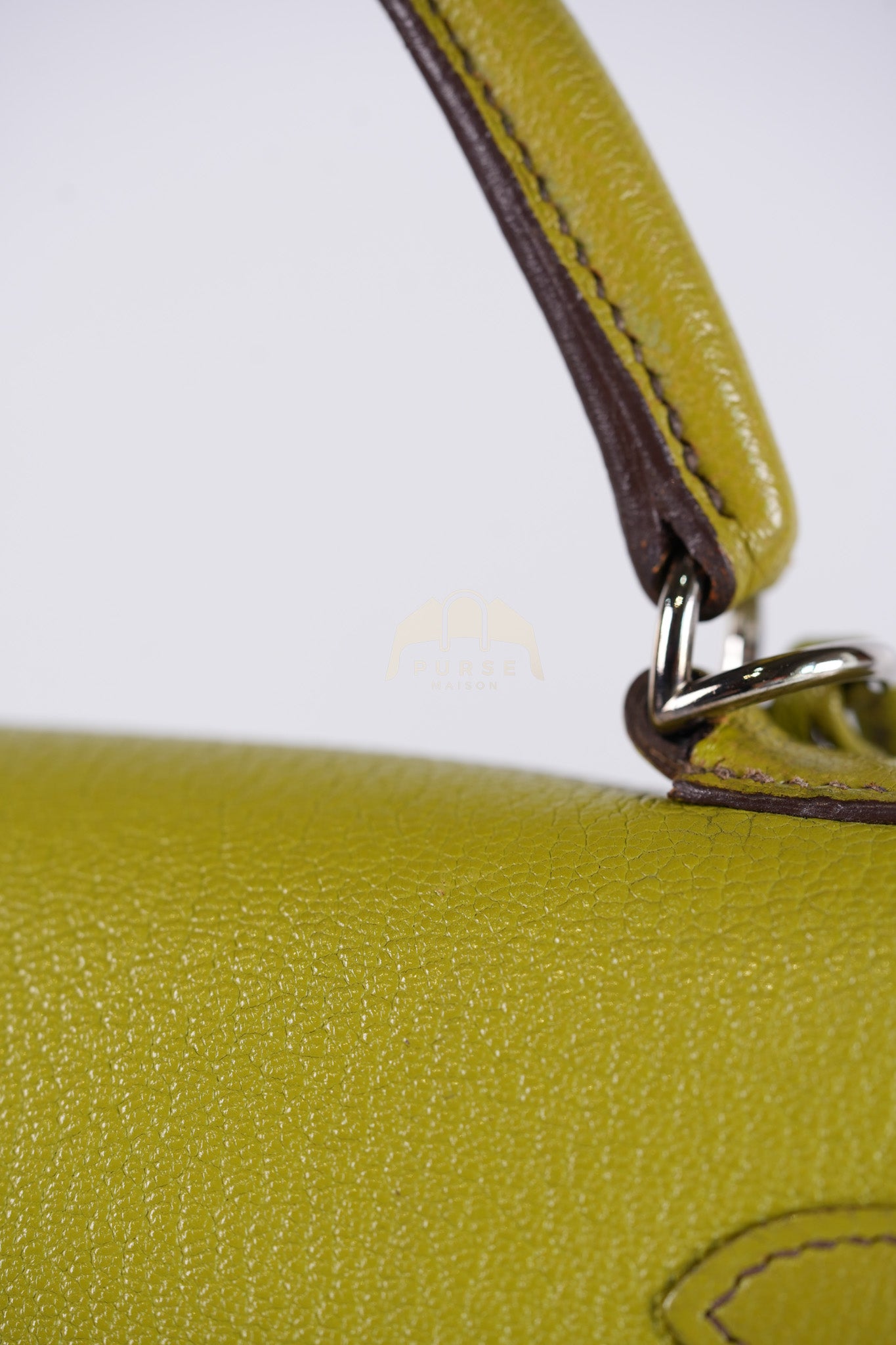 Kelly 32 Sellier Vert Anis Chevre Mysore in Palladium Hardware Stamp K Square (2007) | Purse Maison Luxury Bags Shop