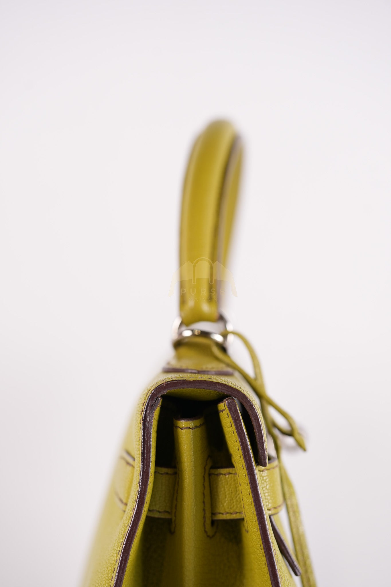Kelly 32 Sellier Vert Anis Chevre Mysore in Palladium Hardware Stamp K Square (2007) | Purse Maison Luxury Bags Shop