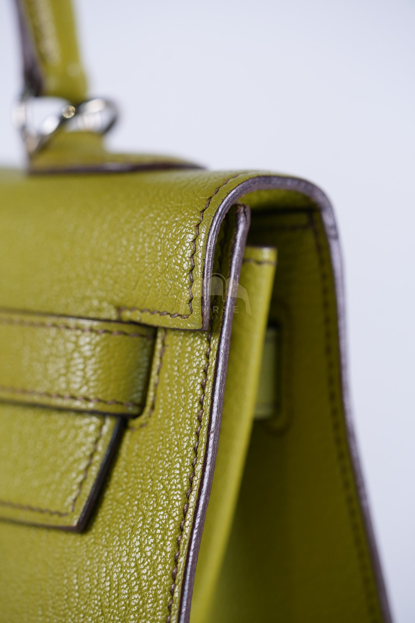 Kelly 32 Sellier Vert Anis Chevre Mysore in Palladium Hardware Stamp K Square (2007) | Purse Maison Luxury Bags Shop
