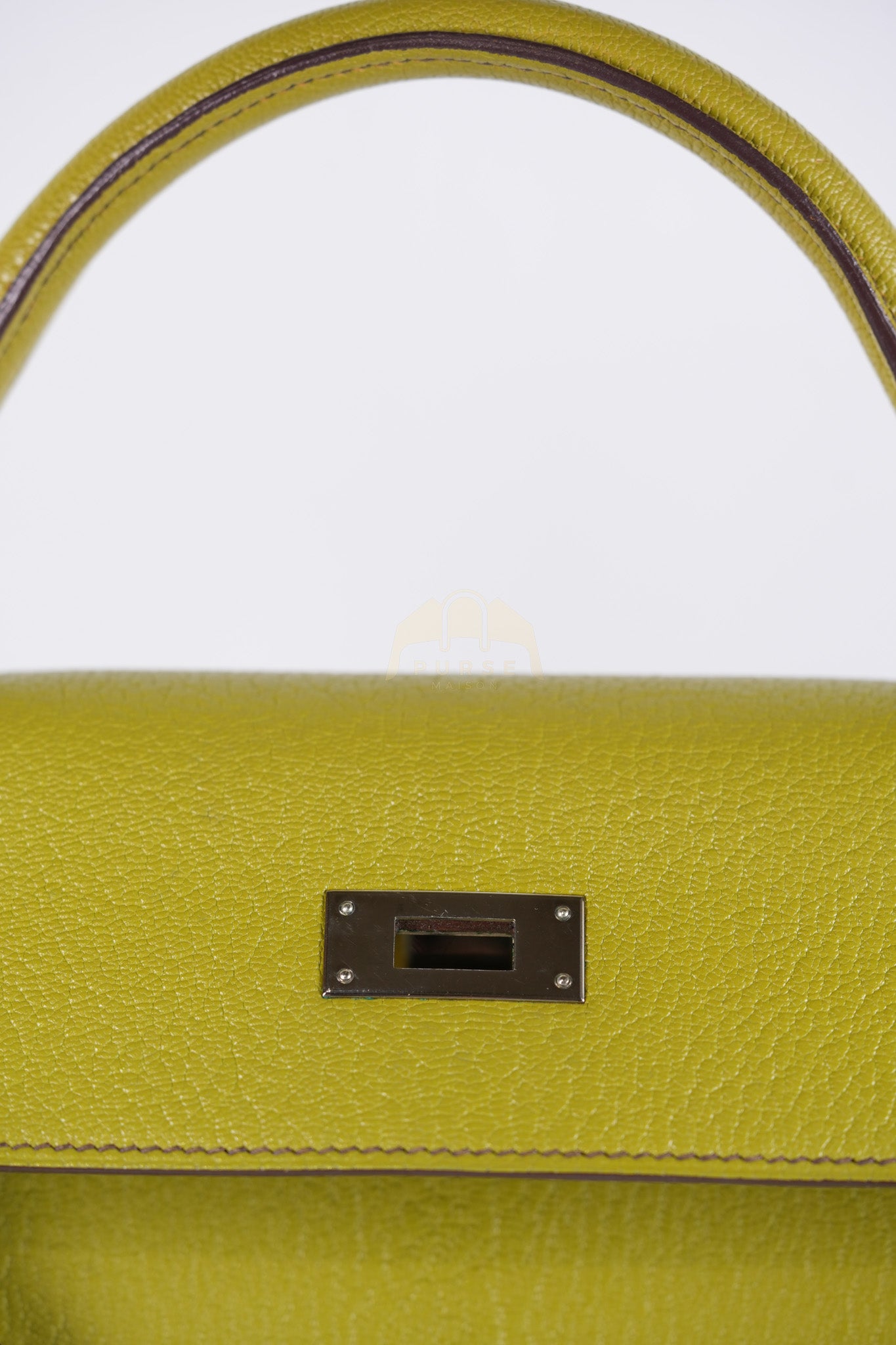 Kelly 32 Sellier Vert Anis Chevre Mysore in Palladium Hardware Stamp K Square (2007) | Purse Maison Luxury Bags Shop