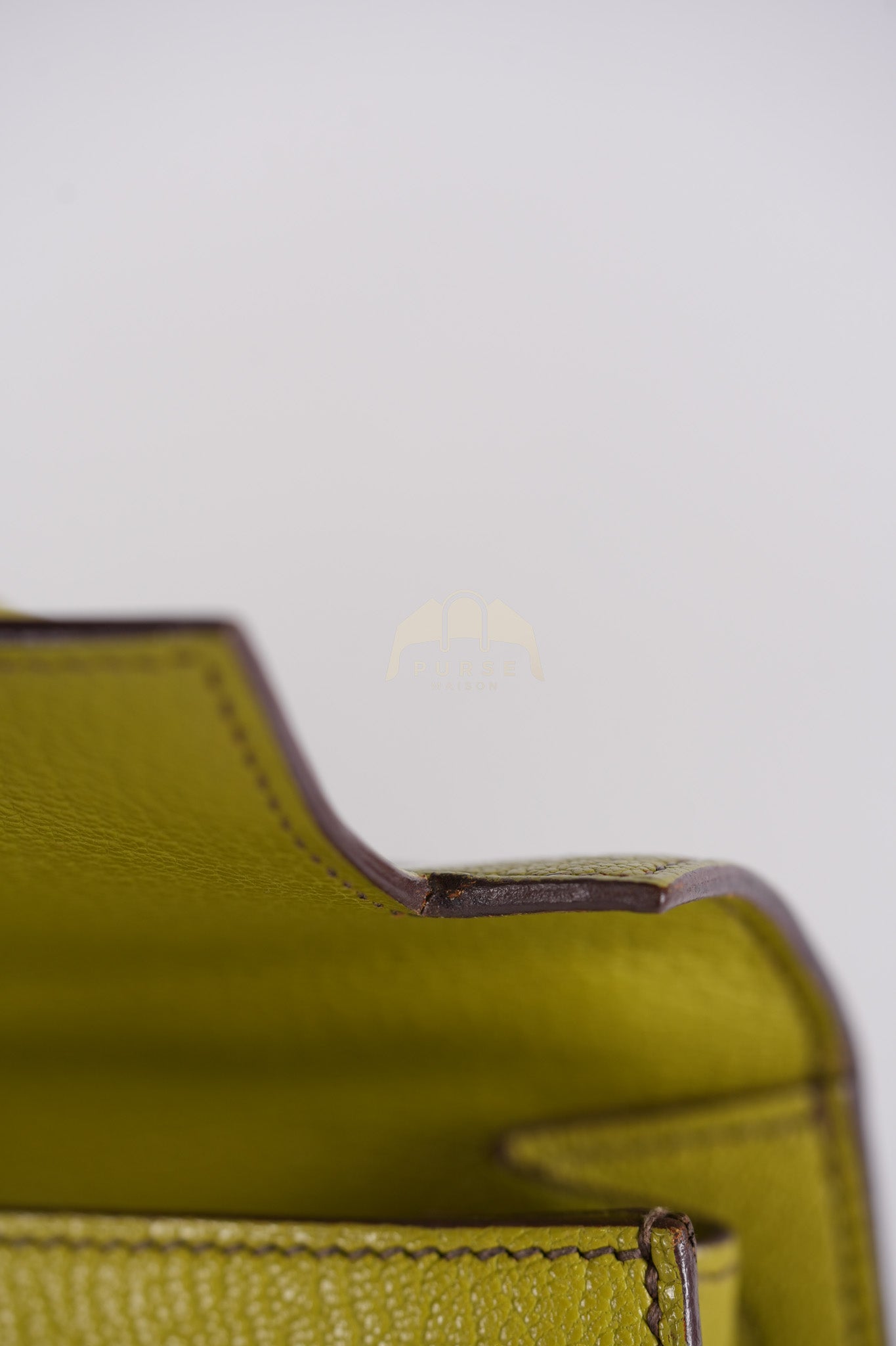 Kelly 32 Sellier Vert Anis Chevre Mysore in Palladium Hardware Stamp K Square (2007) | Purse Maison Luxury Bags Shop