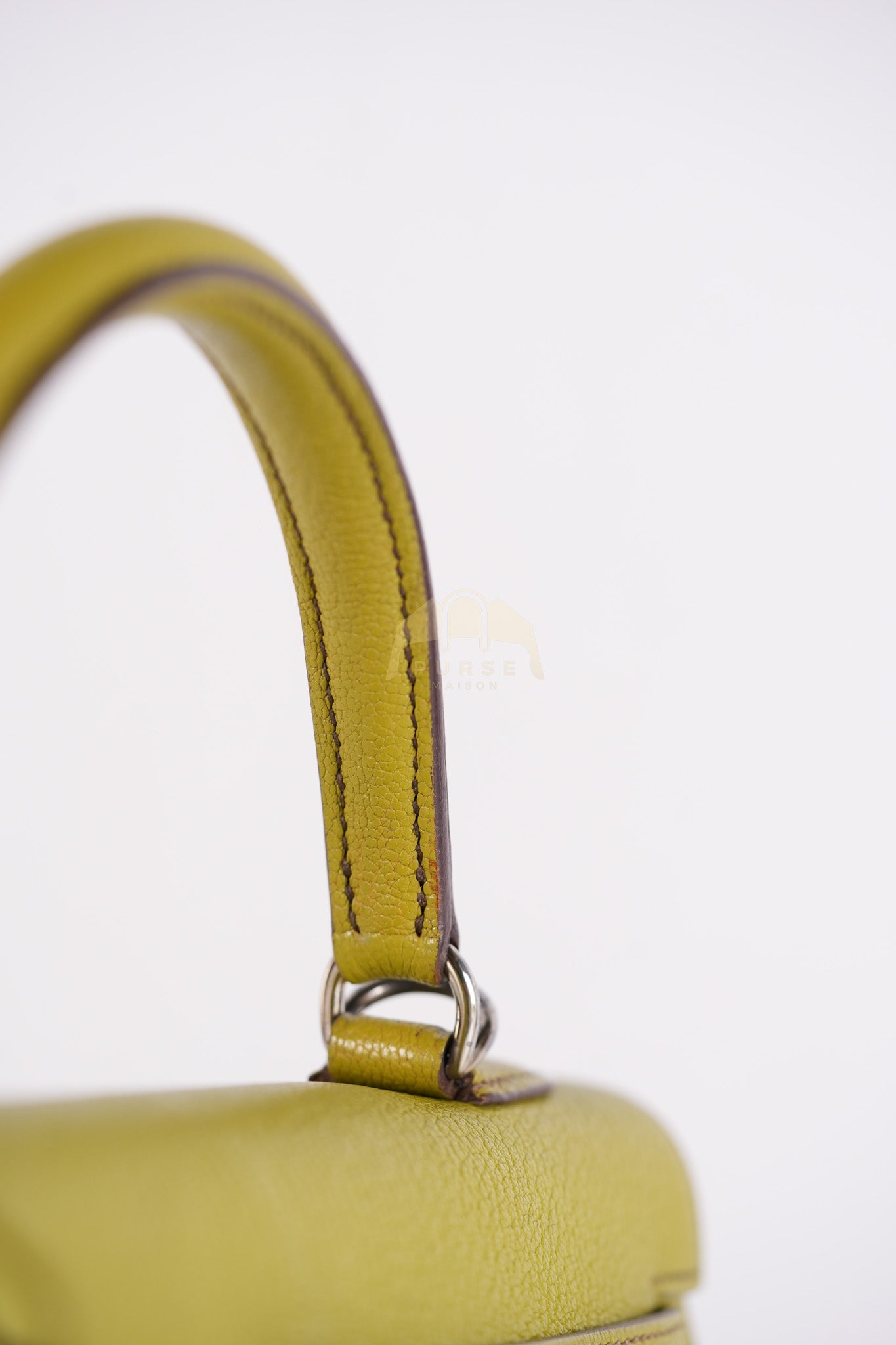 Kelly 32 Sellier Vert Anis Chevre Mysore in Palladium Hardware Stamp K Square (2007) | Purse Maison Luxury Bags Shop