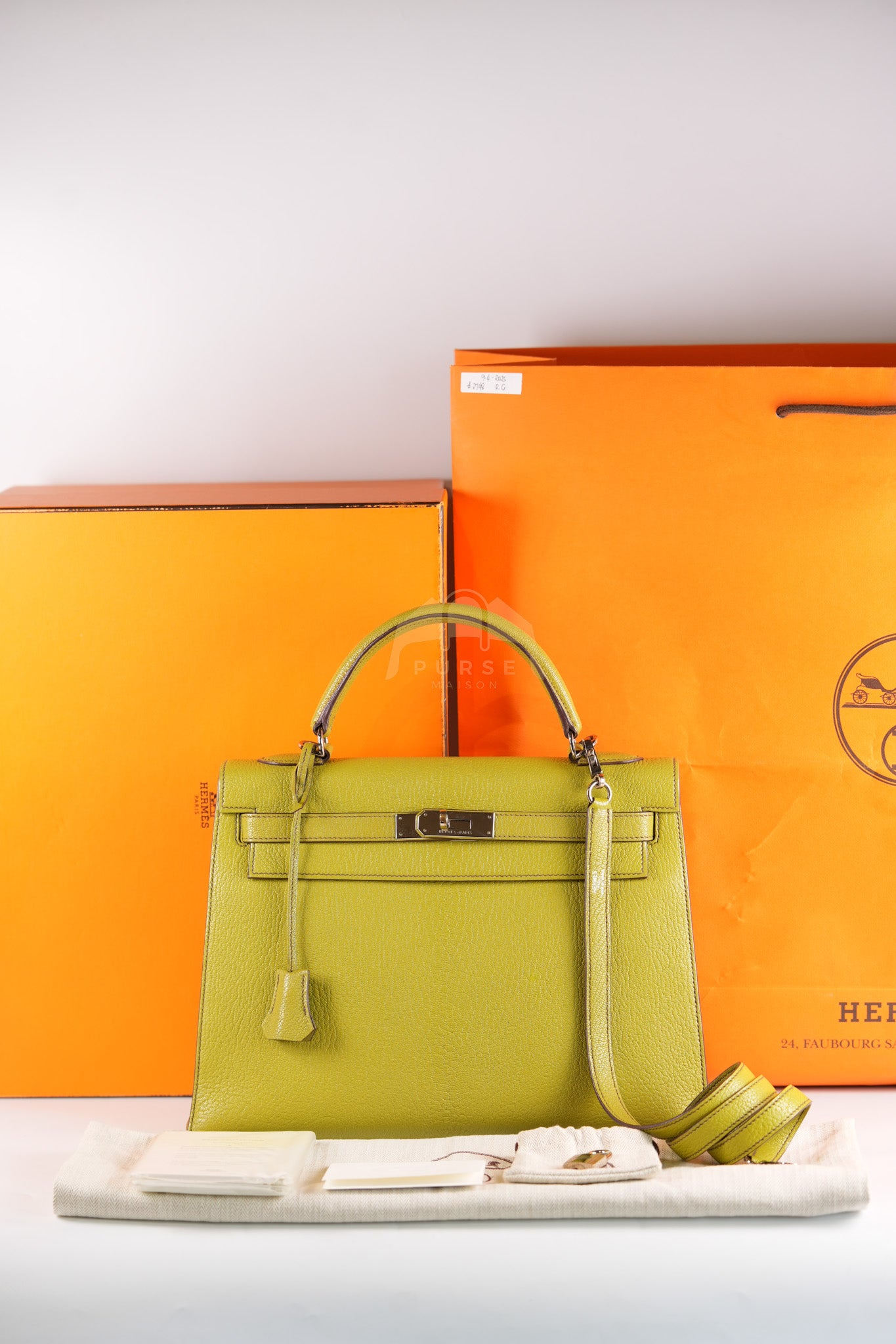 Kelly 32 Sellier Vert Anis Chevre Mysore in Palladium Hardware Stamp K Square (2007) | Purse Maison Luxury Bags Shop