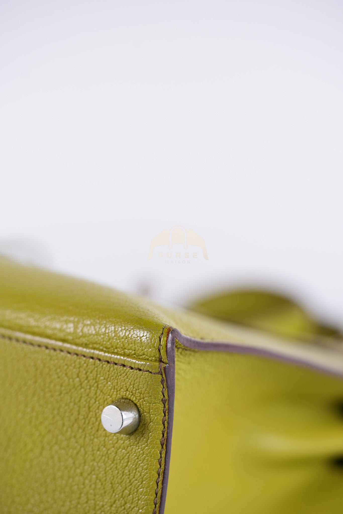 Kelly 32 Sellier Vert Anis Chevre Mysore in Palladium Hardware Stamp K Square (2007) | Purse Maison Luxury Bags Shop