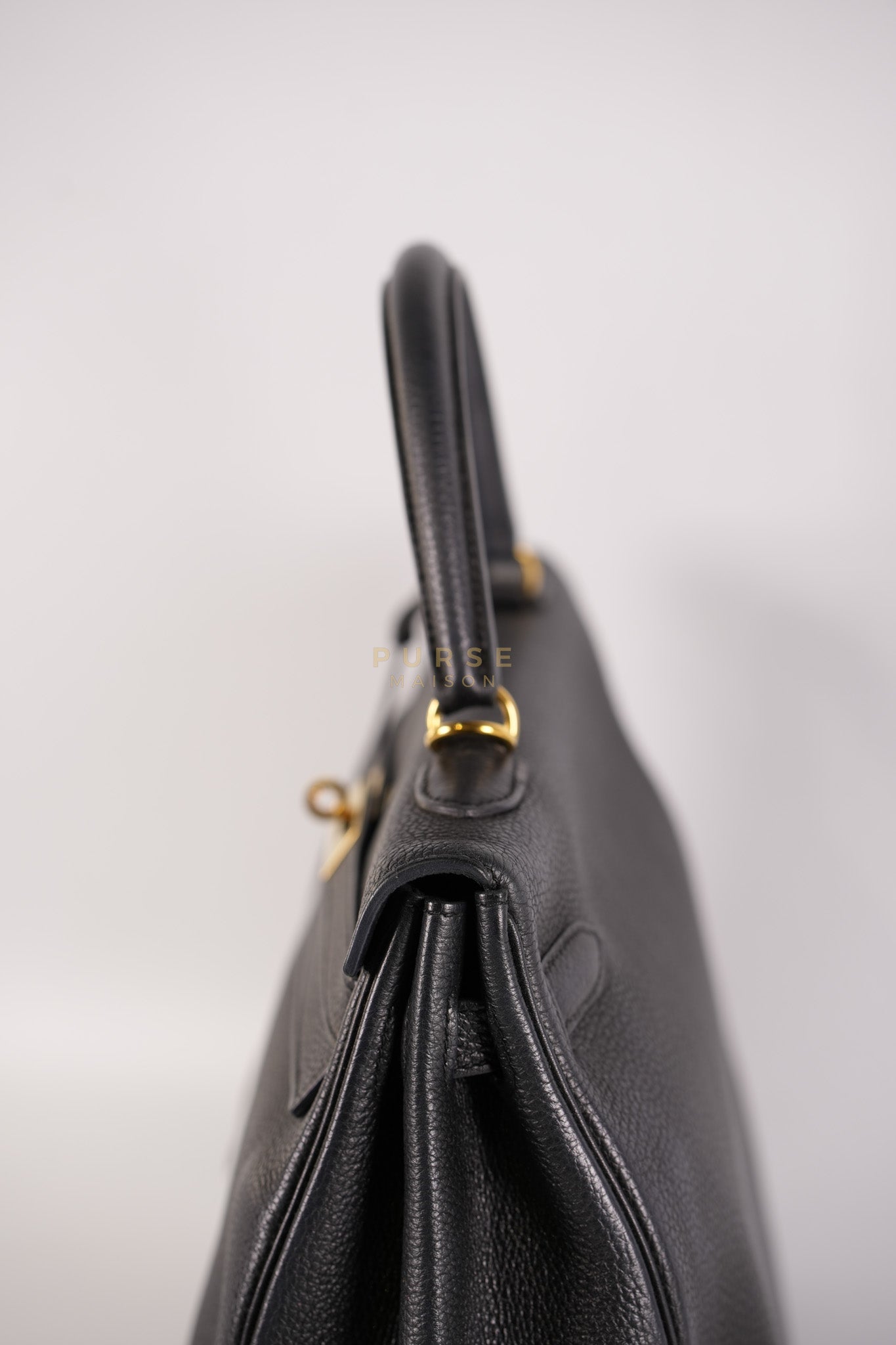 Kelly 35 Retourne Black in Togo Leather and Gold Hardware Stamp Square Q (2013) | Purse Maison Luxury Bags Shop