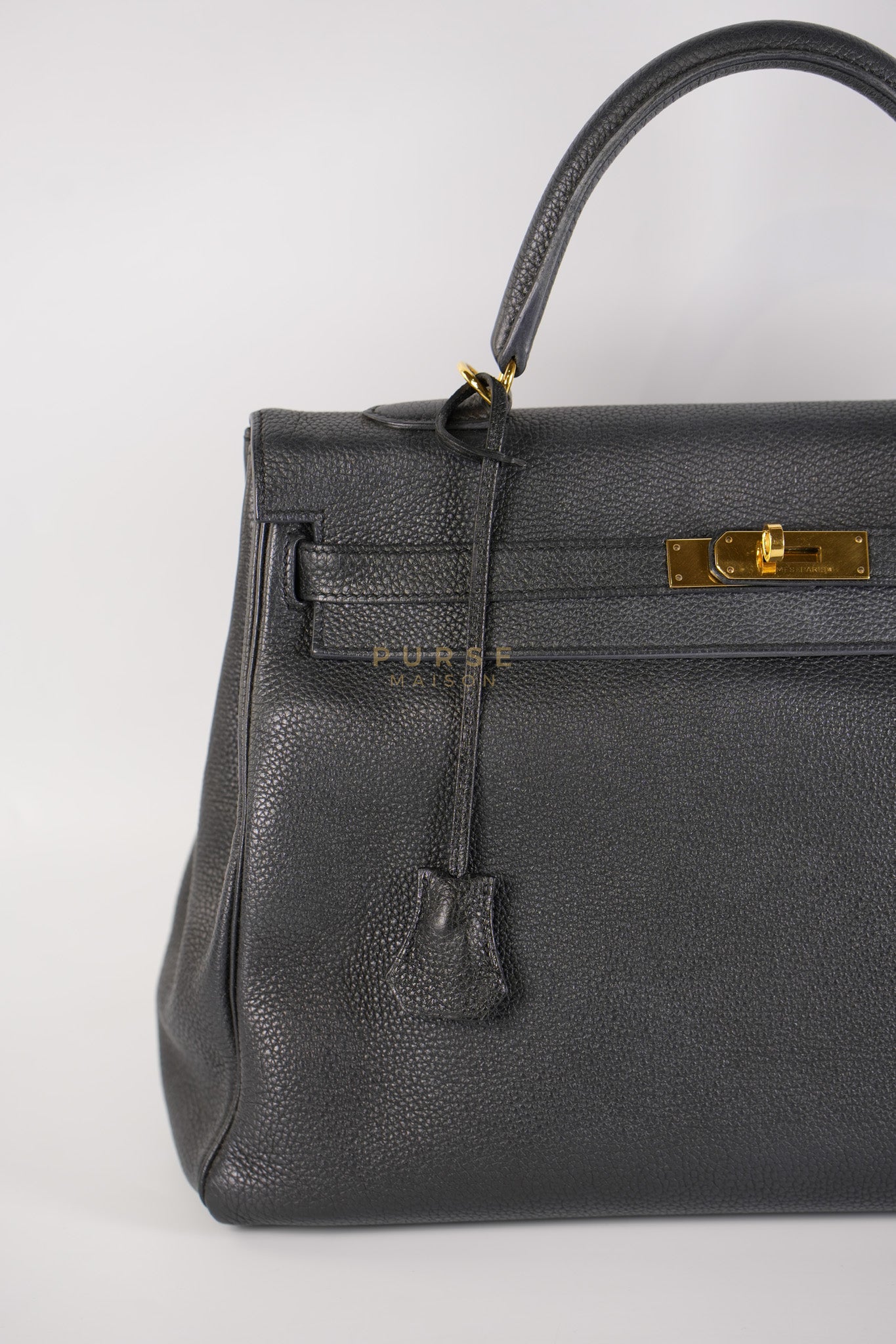 Kelly 35 Retourne Black in Togo Leather and Gold Hardware Stamp Square Q (2013) | Purse Maison Luxury Bags Shop