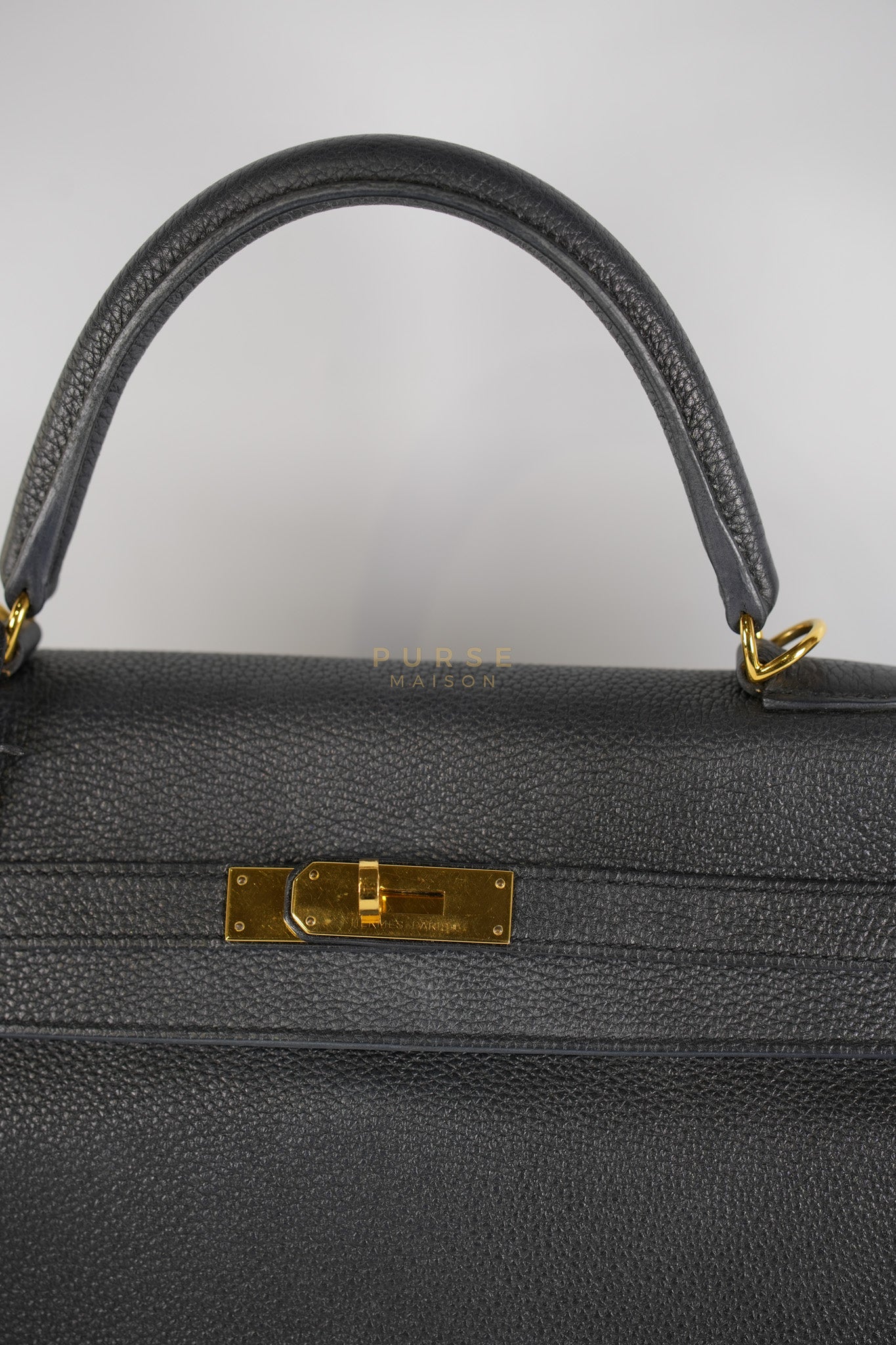 Kelly 35 Retourne Black in Togo Leather and Gold Hardware Stamp Square Q (2013) | Purse Maison Luxury Bags Shop