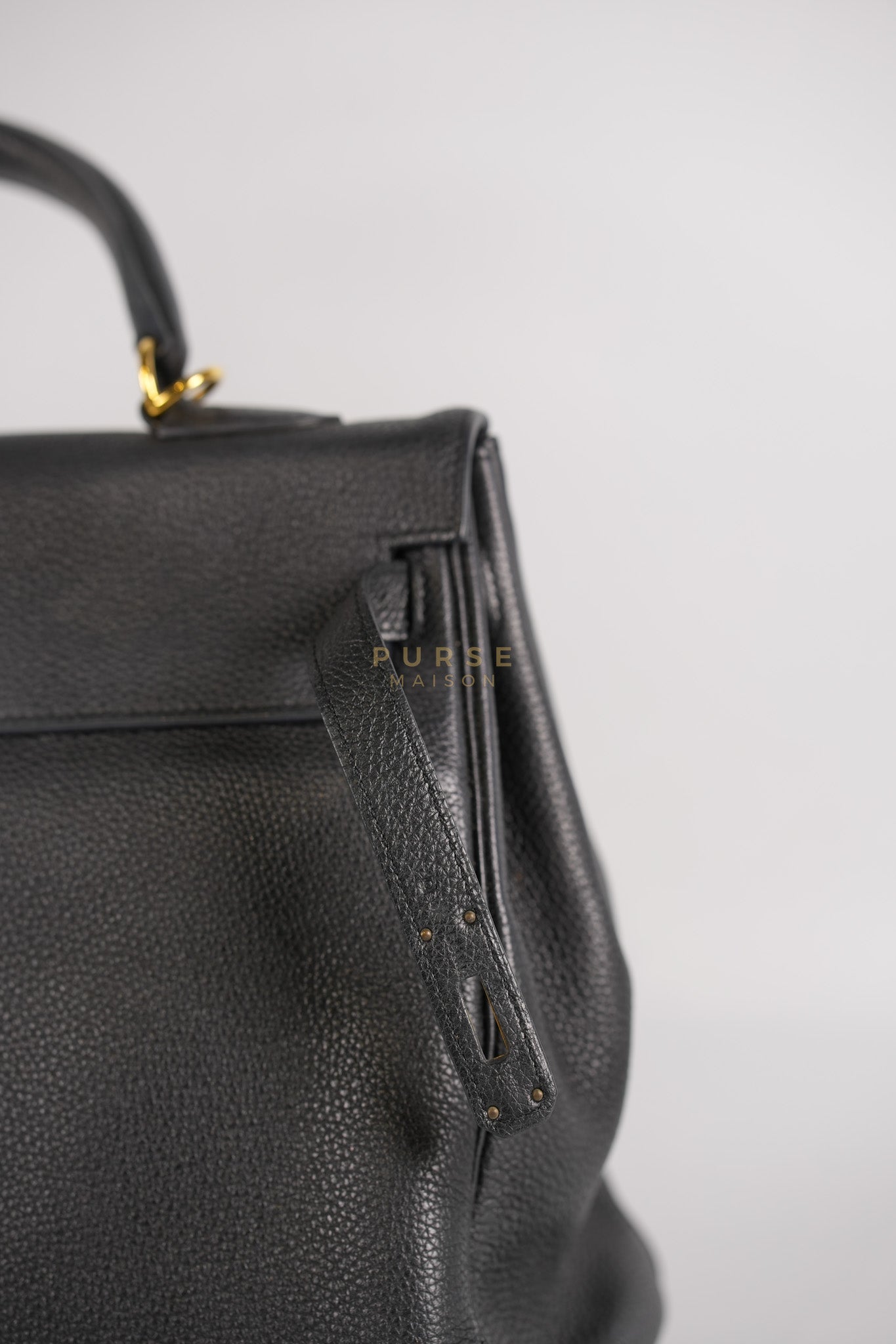 Kelly 35 Retourne Black in Togo Leather and Gold Hardware Stamp Square Q (2013) | Purse Maison Luxury Bags Shop