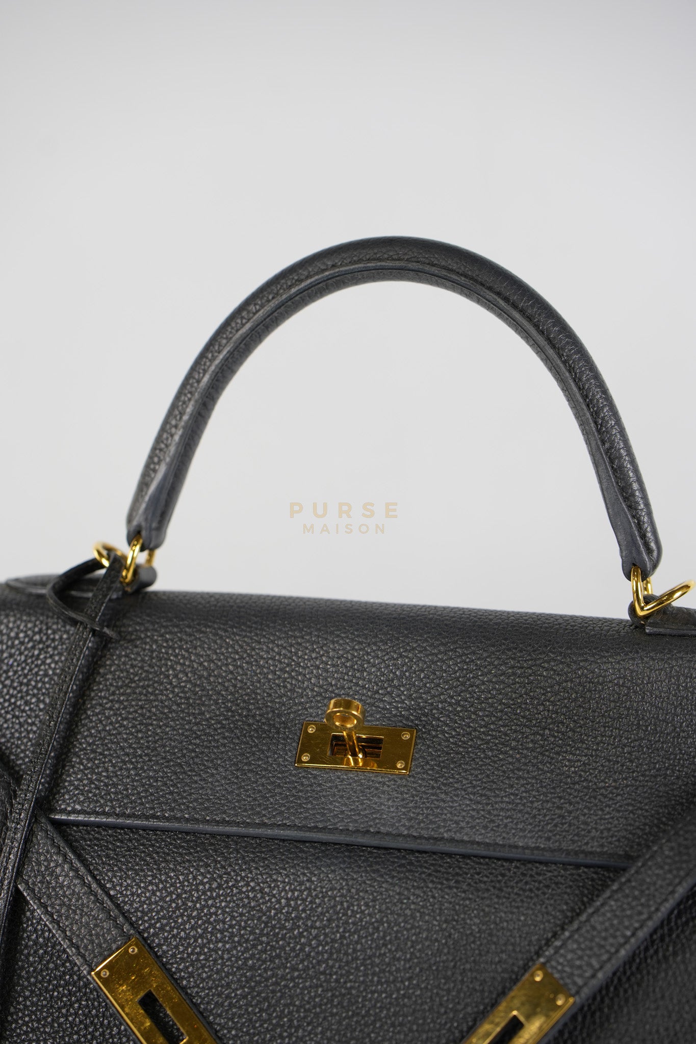 Kelly 35 Retourne Black in Togo Leather and Gold Hardware Stamp Square Q (2013) | Purse Maison Luxury Bags Shop