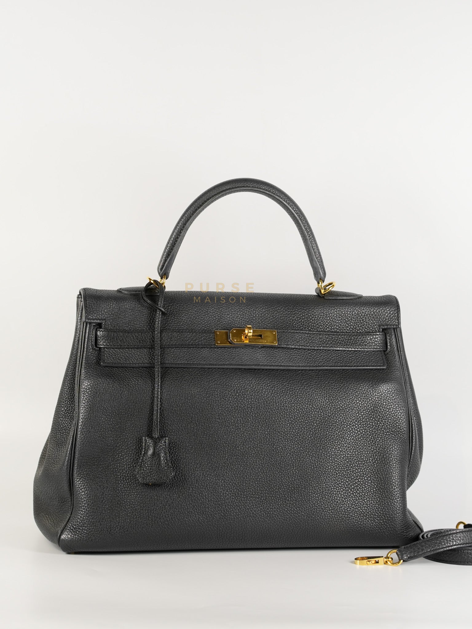 Kelly 35 Retourne Black in Togo Leather and Gold Hardware Stamp Square Q (2013) | Purse Maison Luxury Bags Shop