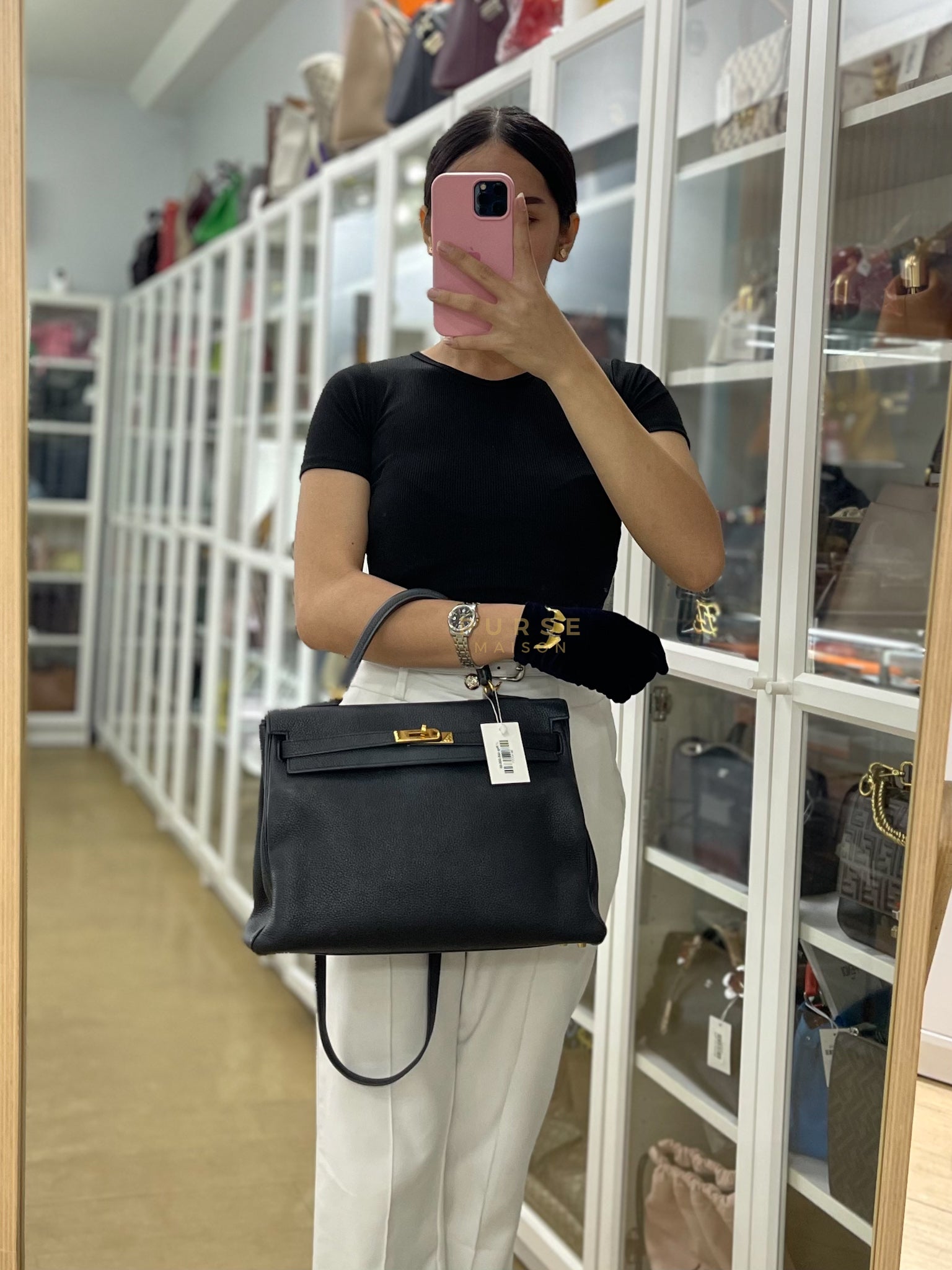 Kelly 35 Retourne Black in Togo Leather and Gold Hardware Stamp Square Q (2013) | Purse Maison Luxury Bags Shop