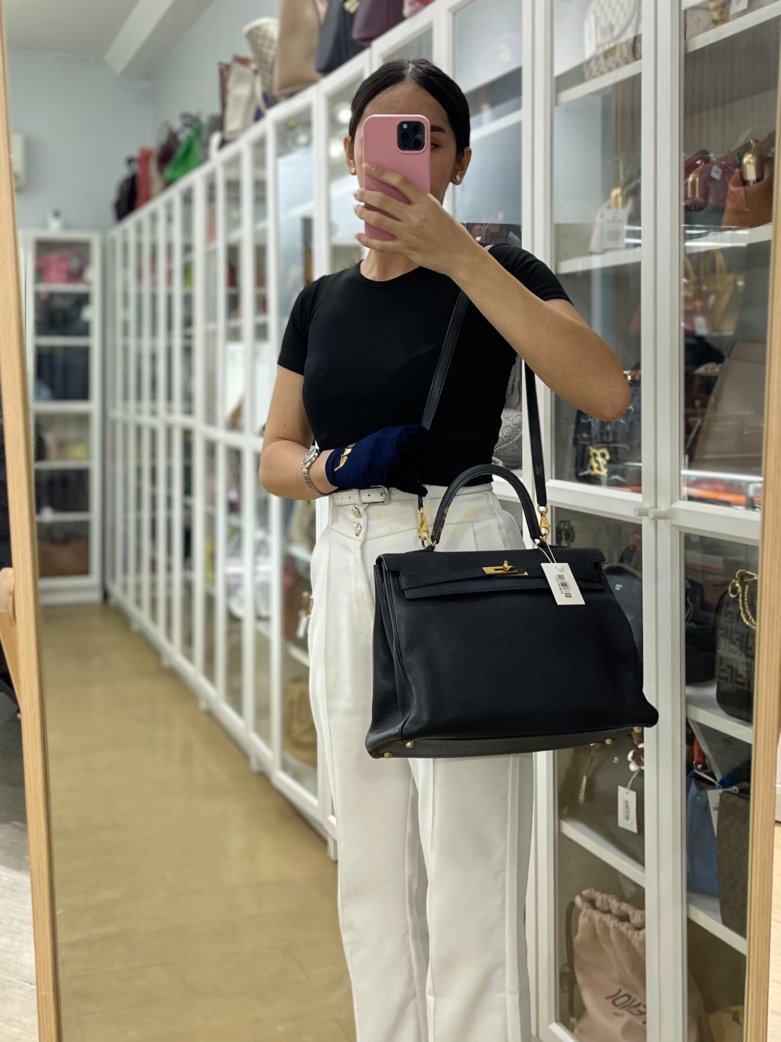 Kelly 35 Retourne Black in Togo Leather and Gold Hardware Stamp Square Q (2013) | Purse Maison Luxury Bags Shop