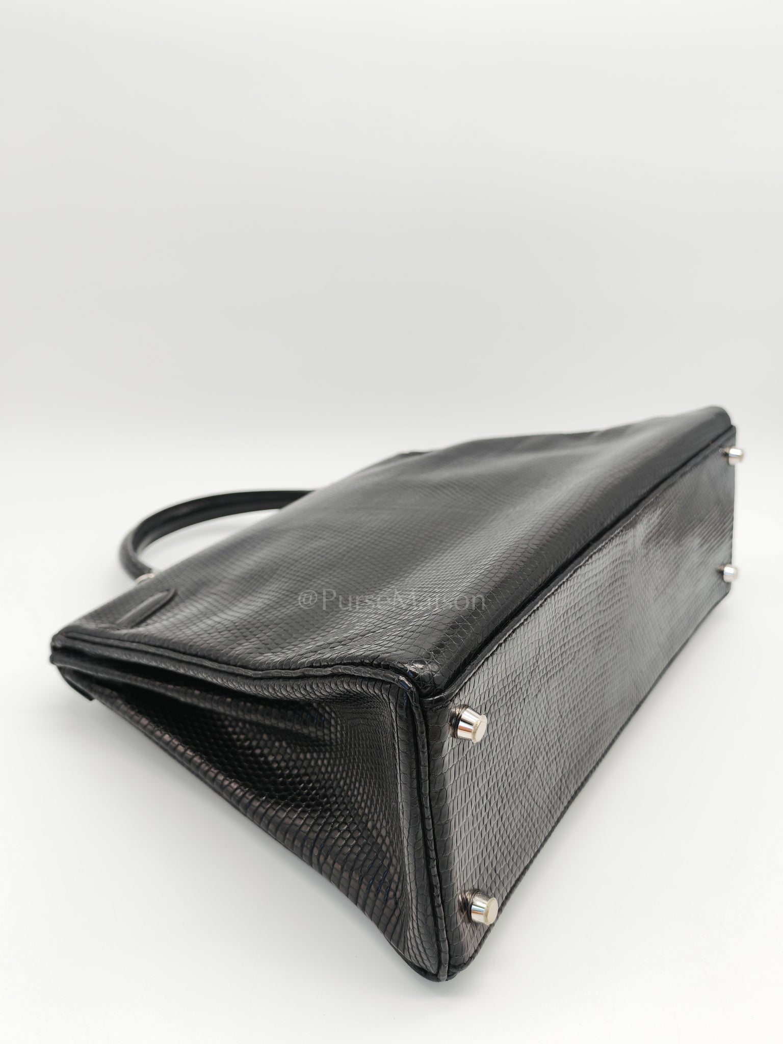 Kelly 35 Retourne in Black Lizard Leather and Palladium Hardware Stamp Square O (2011) | Purse Maison Luxury Bags Shop