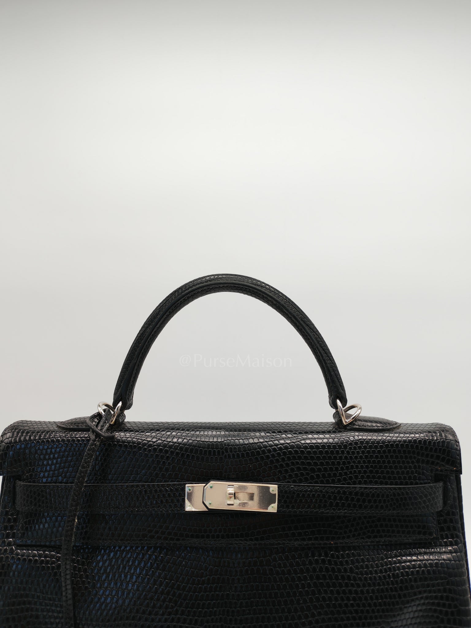 Kelly 35 Retourne in Black Lizard Leather and Palladium Hardware Stamp Square O (2011) | Purse Maison Luxury Bags Shop