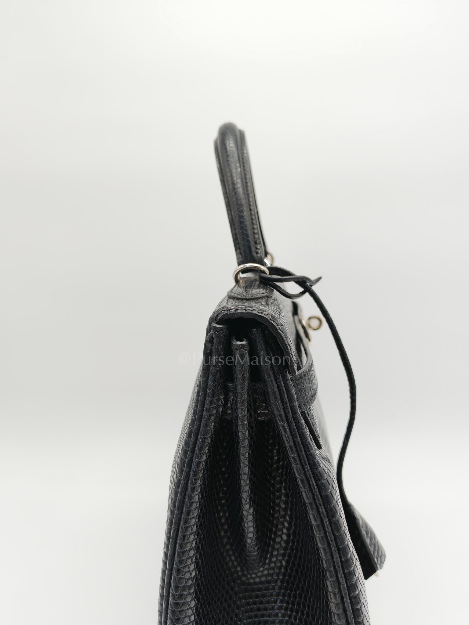 Kelly 35 Retourne in Black Lizard Leather and Palladium Hardware Stamp Square O (2011) | Purse Maison Luxury Bags Shop