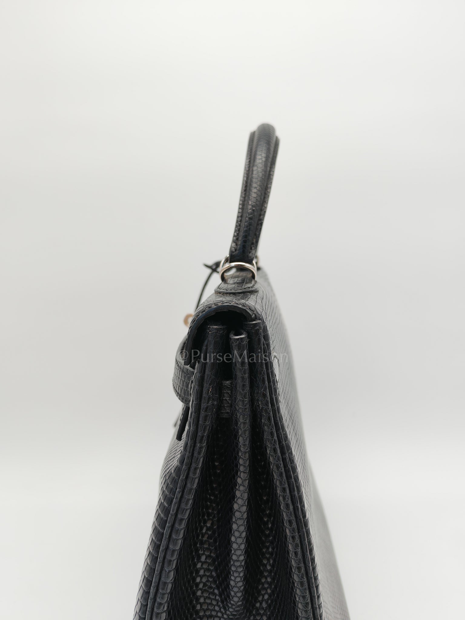 Kelly 35 Retourne in Black Lizard Leather and Palladium Hardware Stamp Square O (2011) | Purse Maison Luxury Bags Shop