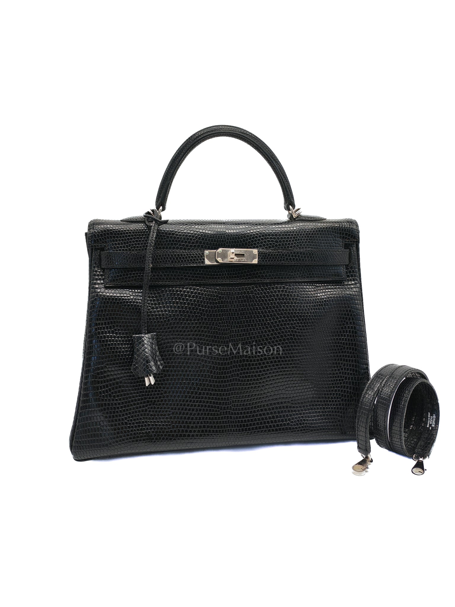 Kelly 35 Retourne in Black Lizard Leather and Palladium Hardware Stamp Square O (2011) | Purse Maison Luxury Bags Shop