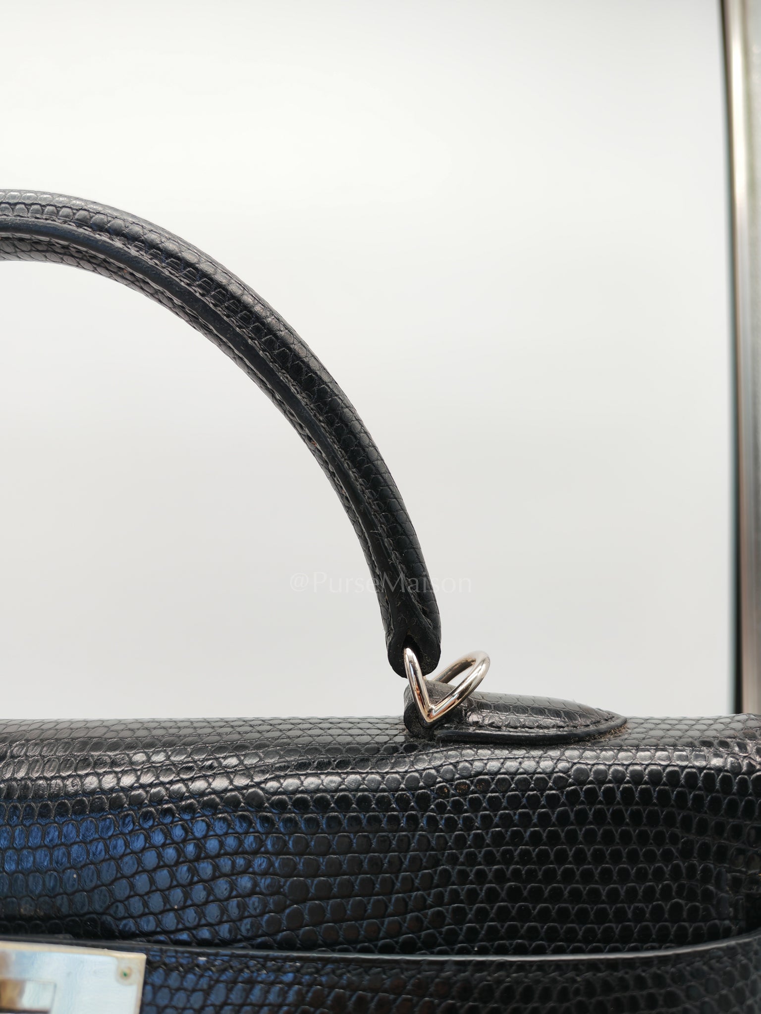 Kelly 35 Retourne in Black Lizard Leather and Palladium Hardware Stamp Square O (2011) | Purse Maison Luxury Bags Shop