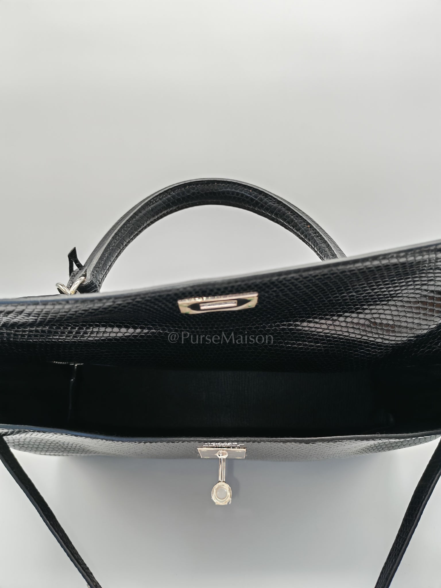 Kelly 35 Retourne in Black Lizard Leather and Palladium Hardware Stamp Square O (2011) | Purse Maison Luxury Bags Shop