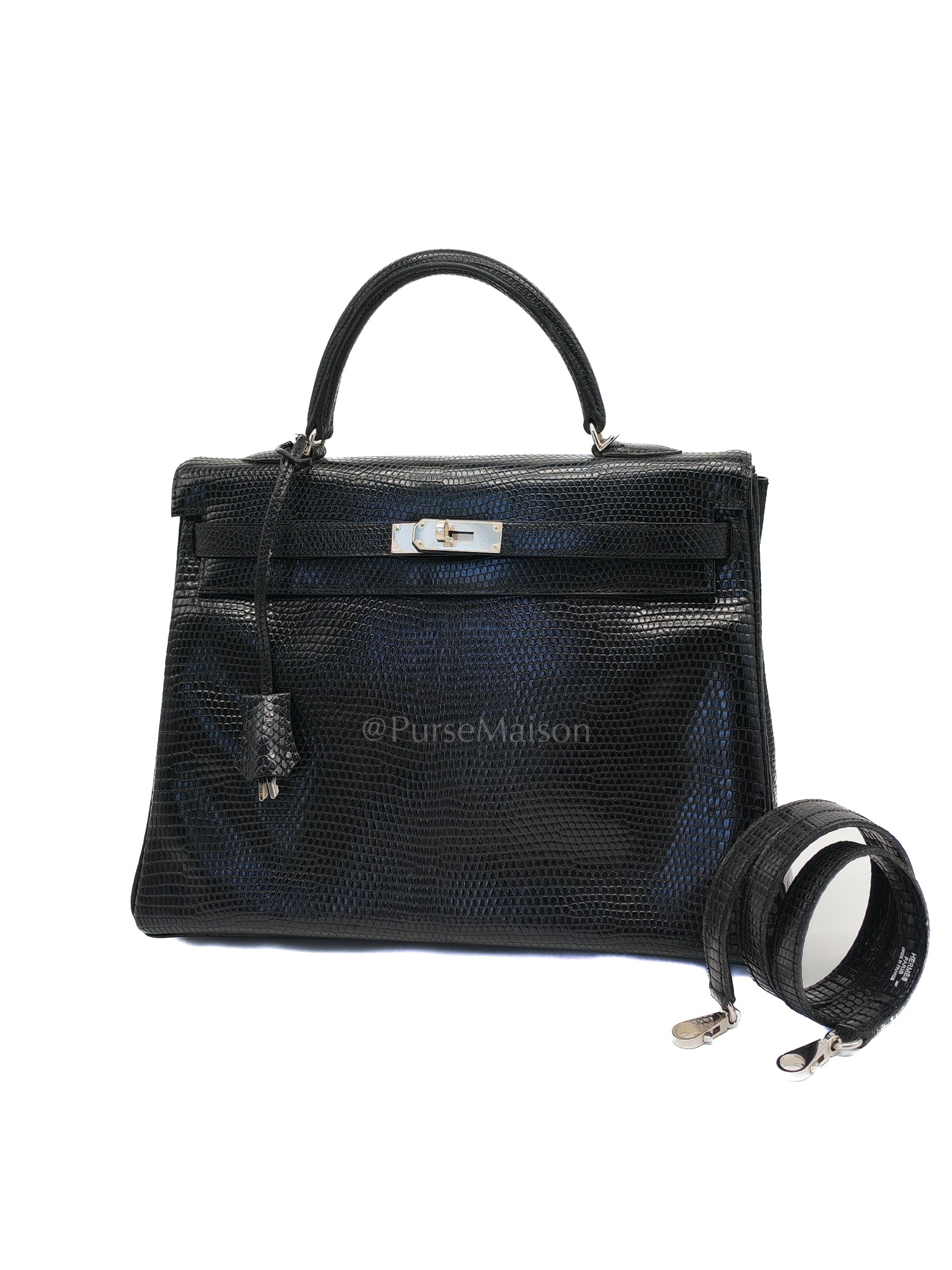 Kelly 35 Retourne in Black Lizard Leather and Palladium Hardware Stamp Square O (2011) | Purse Maison Luxury Bags Shop