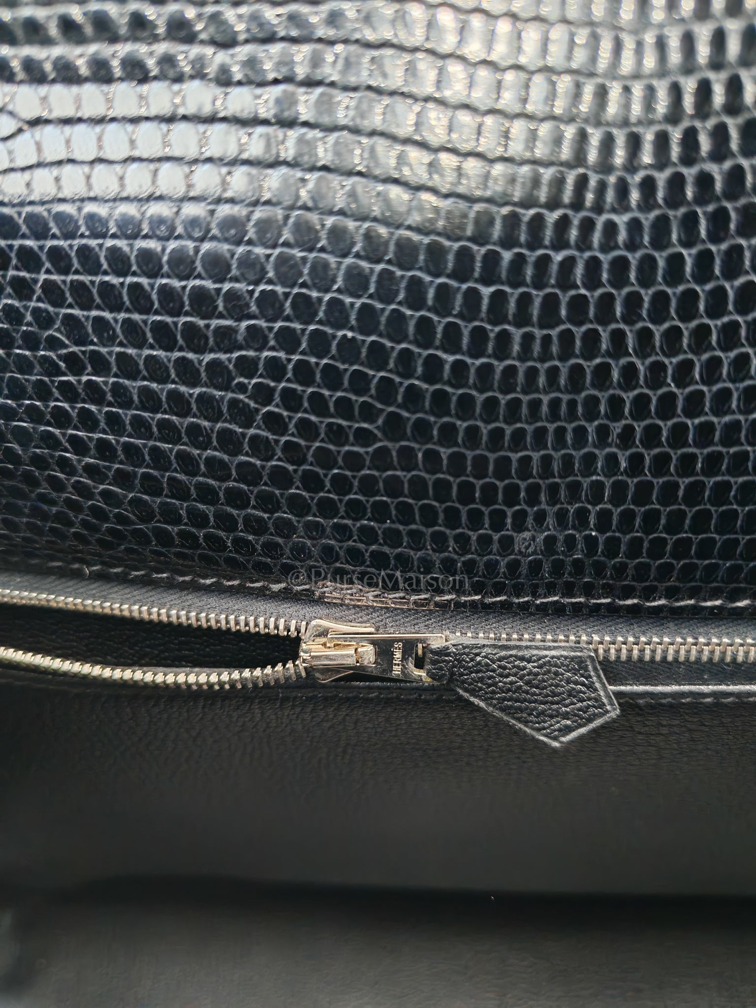 Kelly 35 Retourne in Black Lizard Leather and Palladium Hardware Stamp Square O (2011) | Purse Maison Luxury Bags Shop