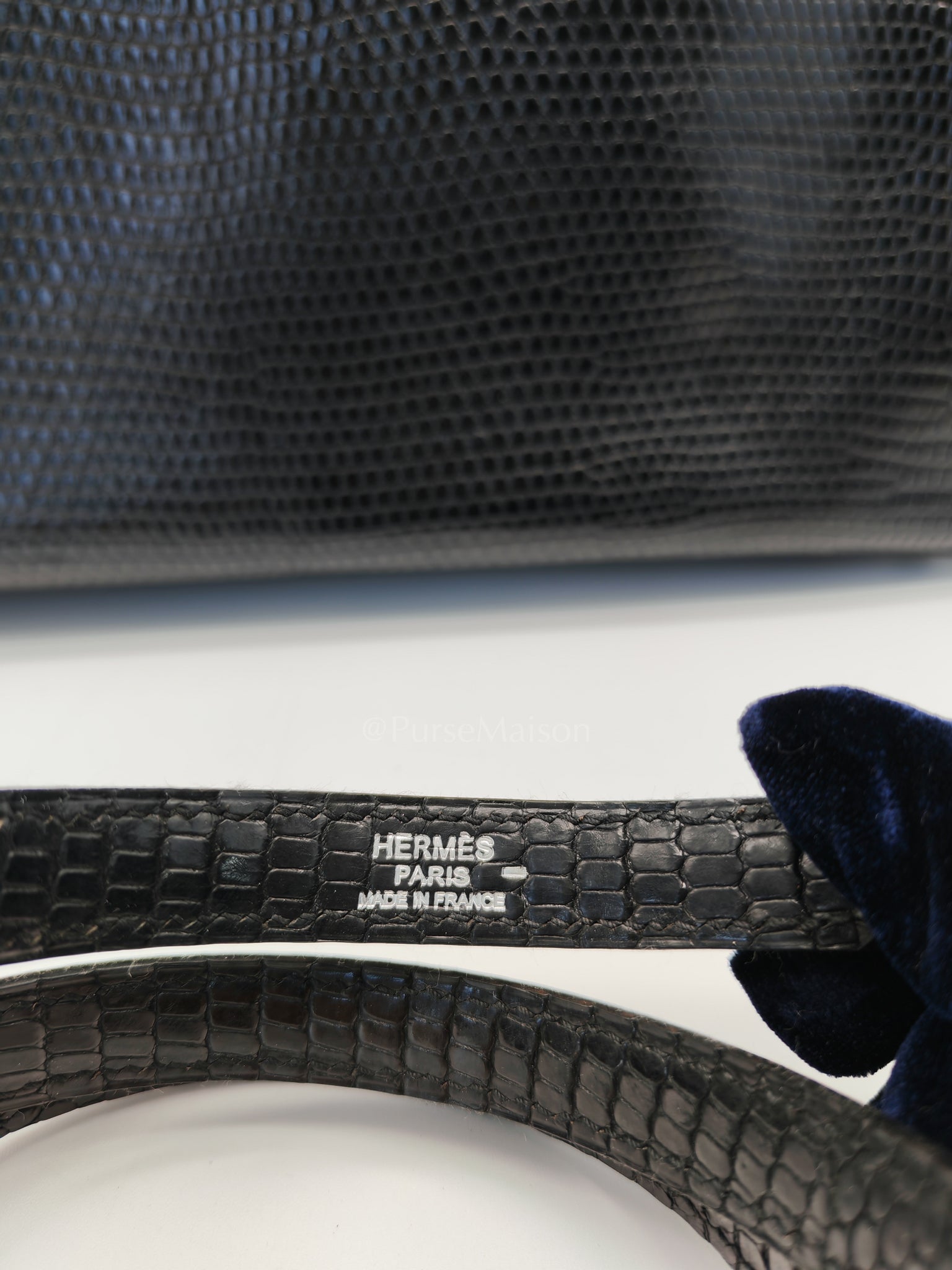 Kelly 35 Retourne in Black Lizard Leather and Palladium Hardware Stamp Square O (2011) | Purse Maison Luxury Bags Shop