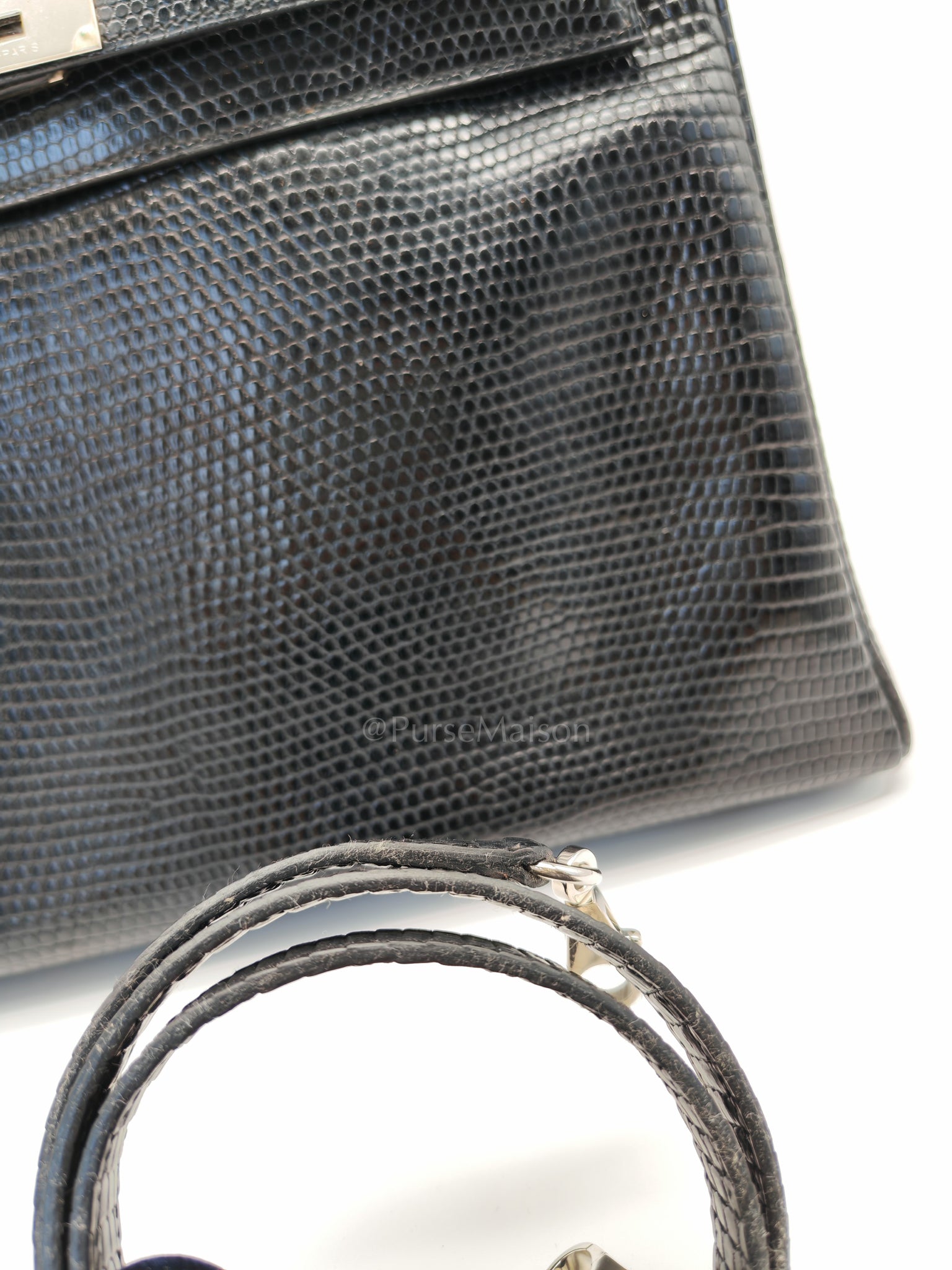 Kelly 35 Retourne in Black Lizard Leather and Palladium Hardware Stamp Square O (2011) | Purse Maison Luxury Bags Shop